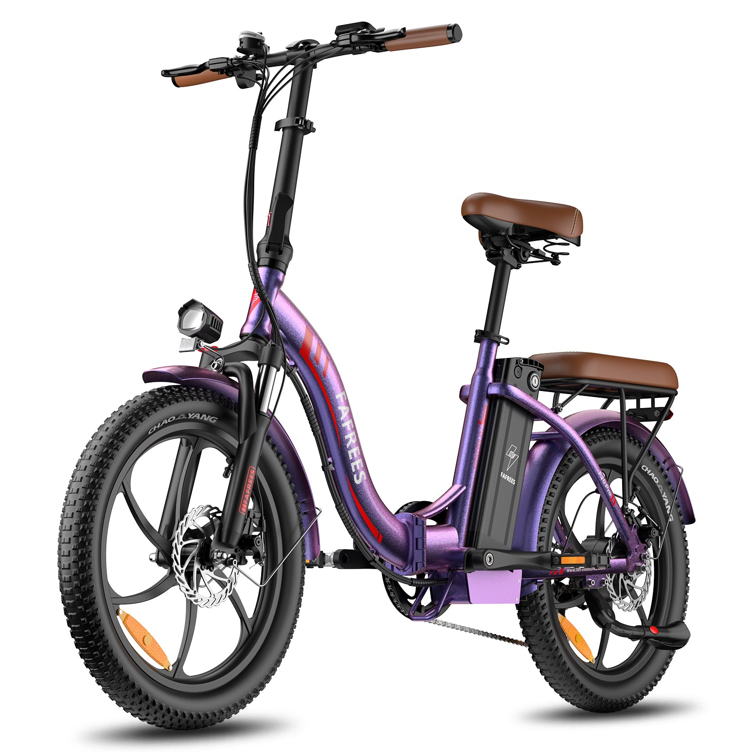 Lila faltbares E-Bike mit braunem Sattel und Griffen, auf weißem Hintergrund.