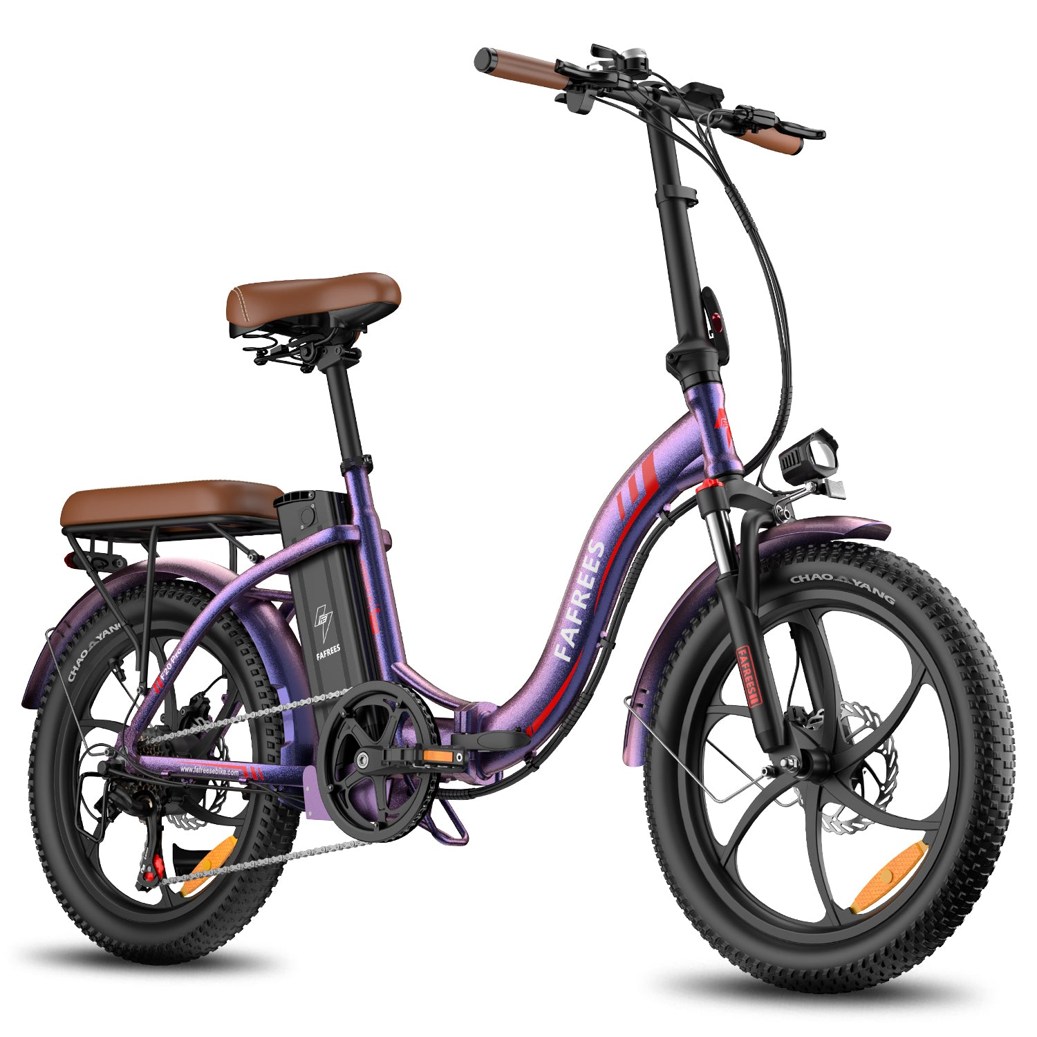 Lila faltbares E-Bike mit braunen Akzenten, dicken Reifen und Federgabel.