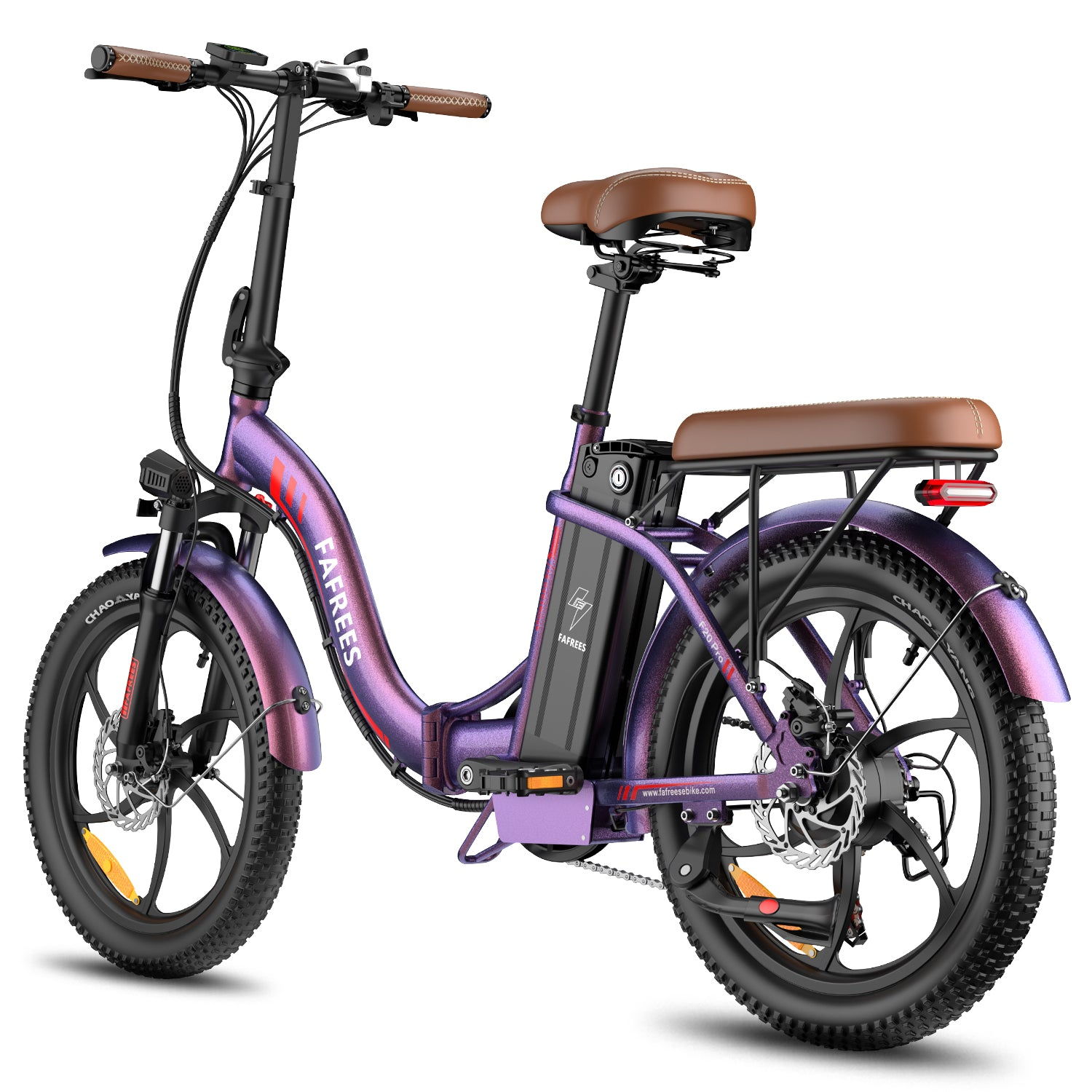 Ein lila Fafrees F20 Pro faltbares Elektrofahrrad mit braunen Sitzen und Lenker auf weißem Hintergrund.