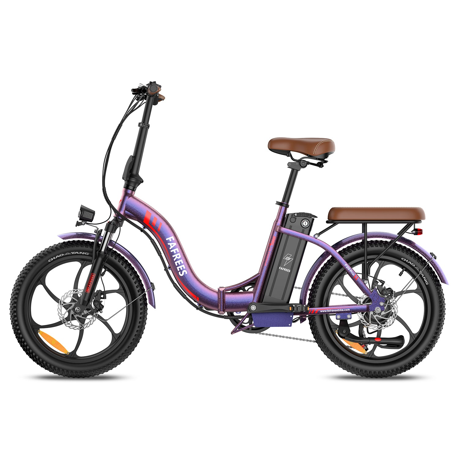 Lila faltbares E-Bike mit braunen Sitzen und schwarzen Reifen.