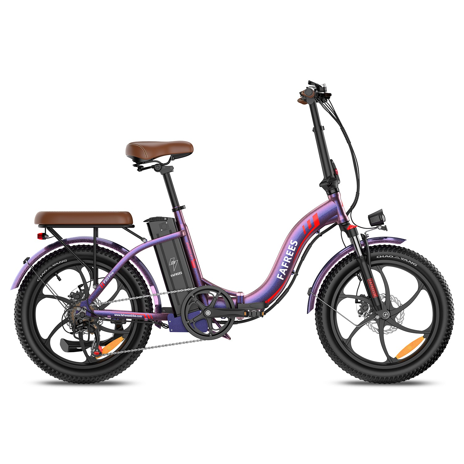 Lila faltbares E-Bike mit braunen Sitzen und schwarzen Reifen.