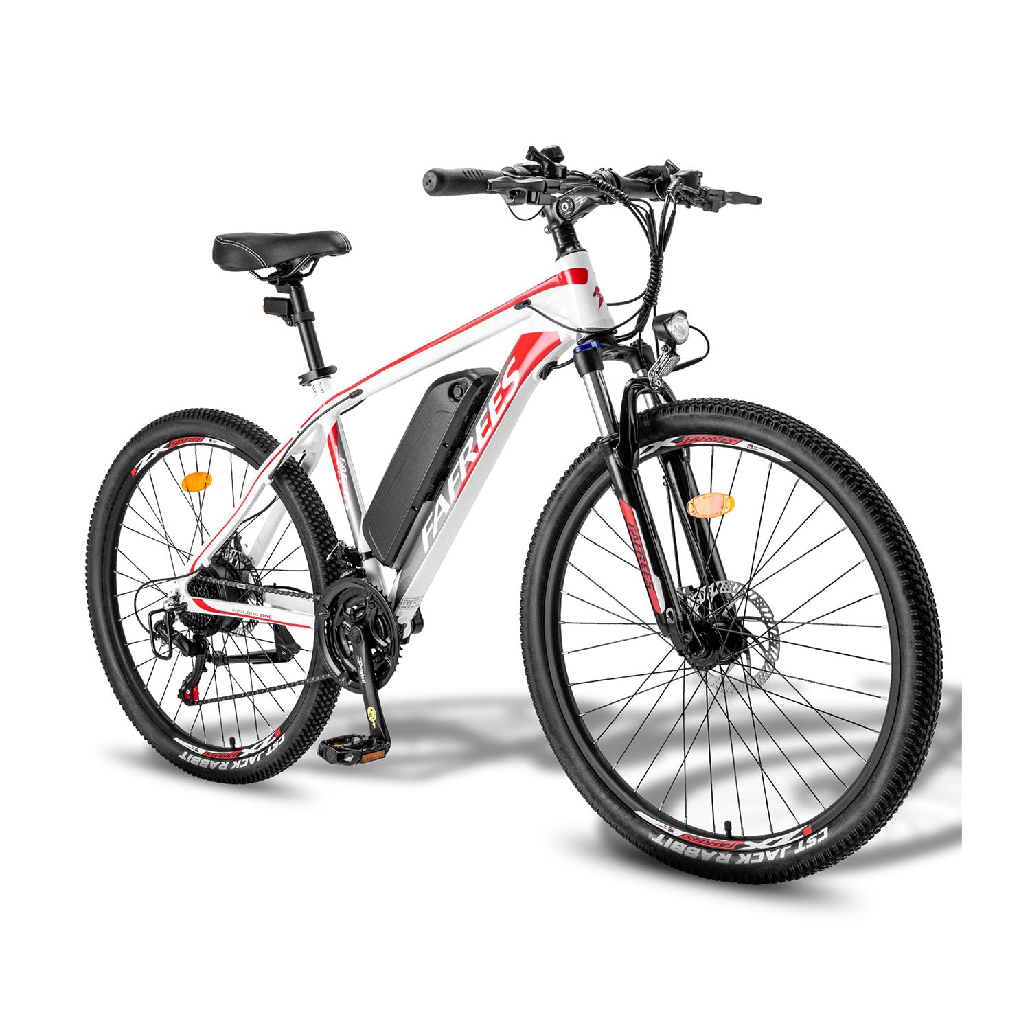 Ein weißes und rotes Elektrofahrrad mit schwarzem Akku und Reifen.