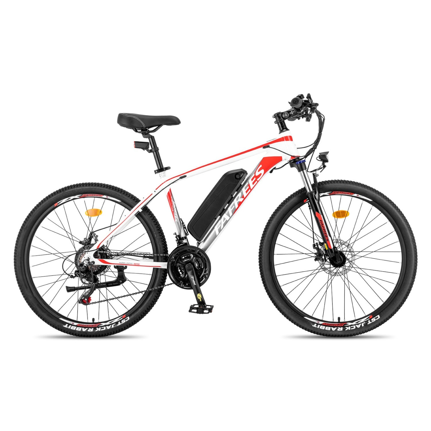 Ein weißes und rotes Elektrofahrrad mit schwarzem Sattel und Reifen.