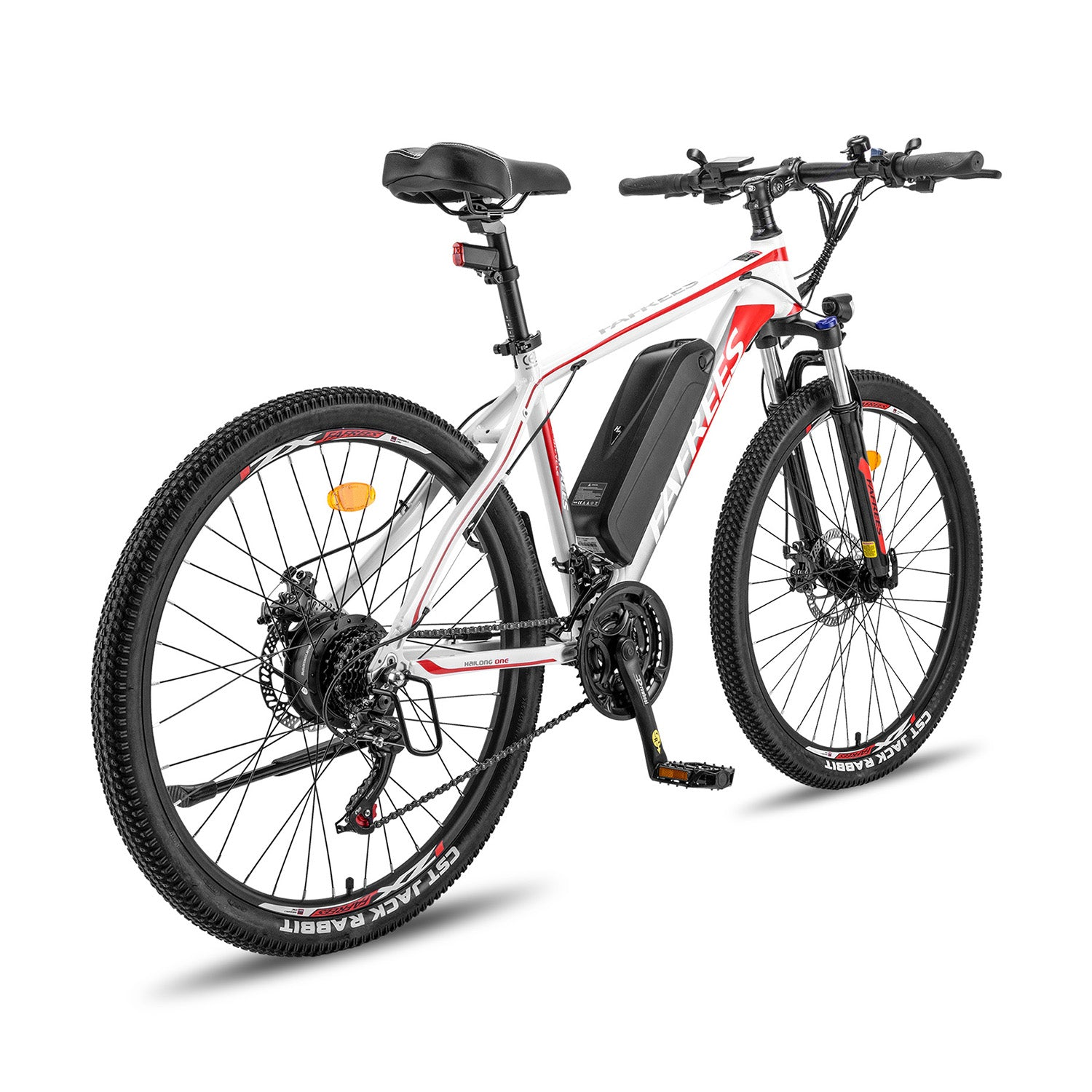 Ein weißes und rotes E-Mountainbike mit schwarzem Akku, Scheibenbremsen und grobstolligen Reifen.