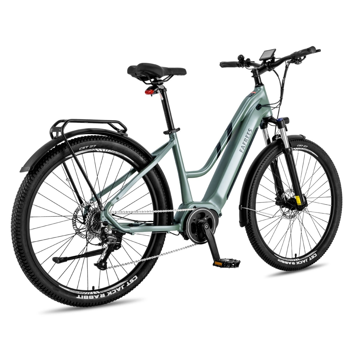 Una e-bike verde claro con portabultos, guardabarros y pantalla.