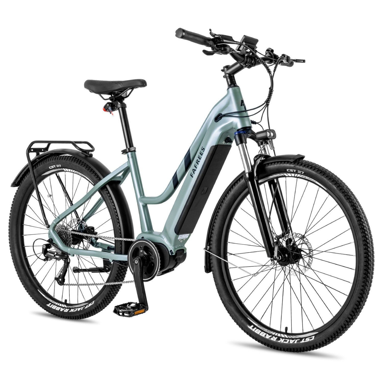 Una bicicleta eléctrica azul claro con neumáticos negros, portaequipajes y horquilla.