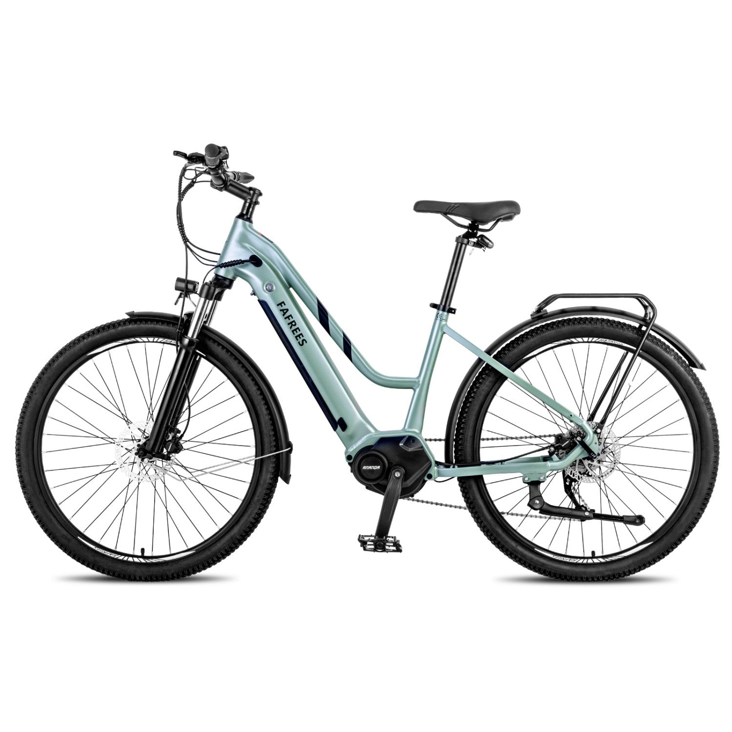 Una bicicleta eléctrica verde claro con neumáticos, guardabarros y portaequipajes negros.