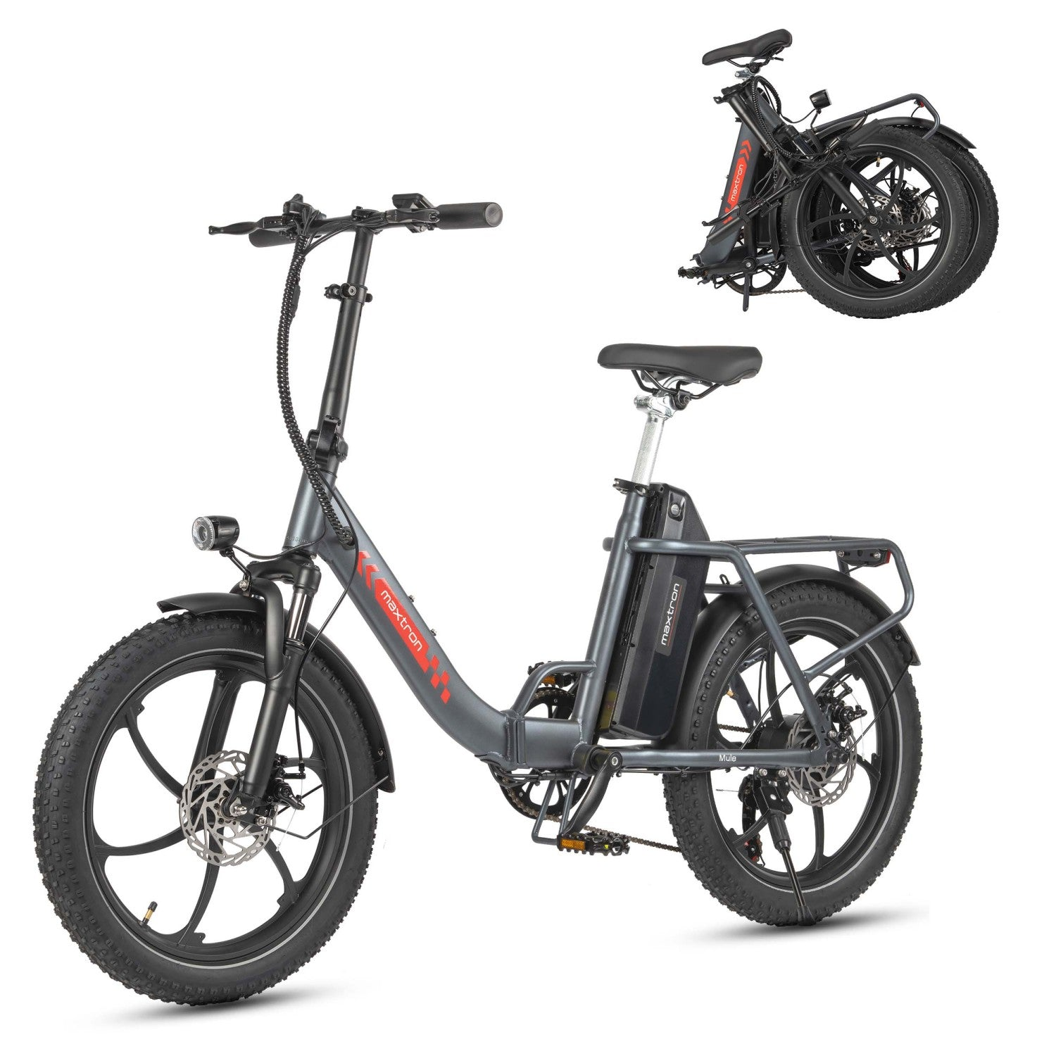 Ein graues faltbares E-Bike mit breiten Reifen, Gepäckträger und Maxtron-Logo.