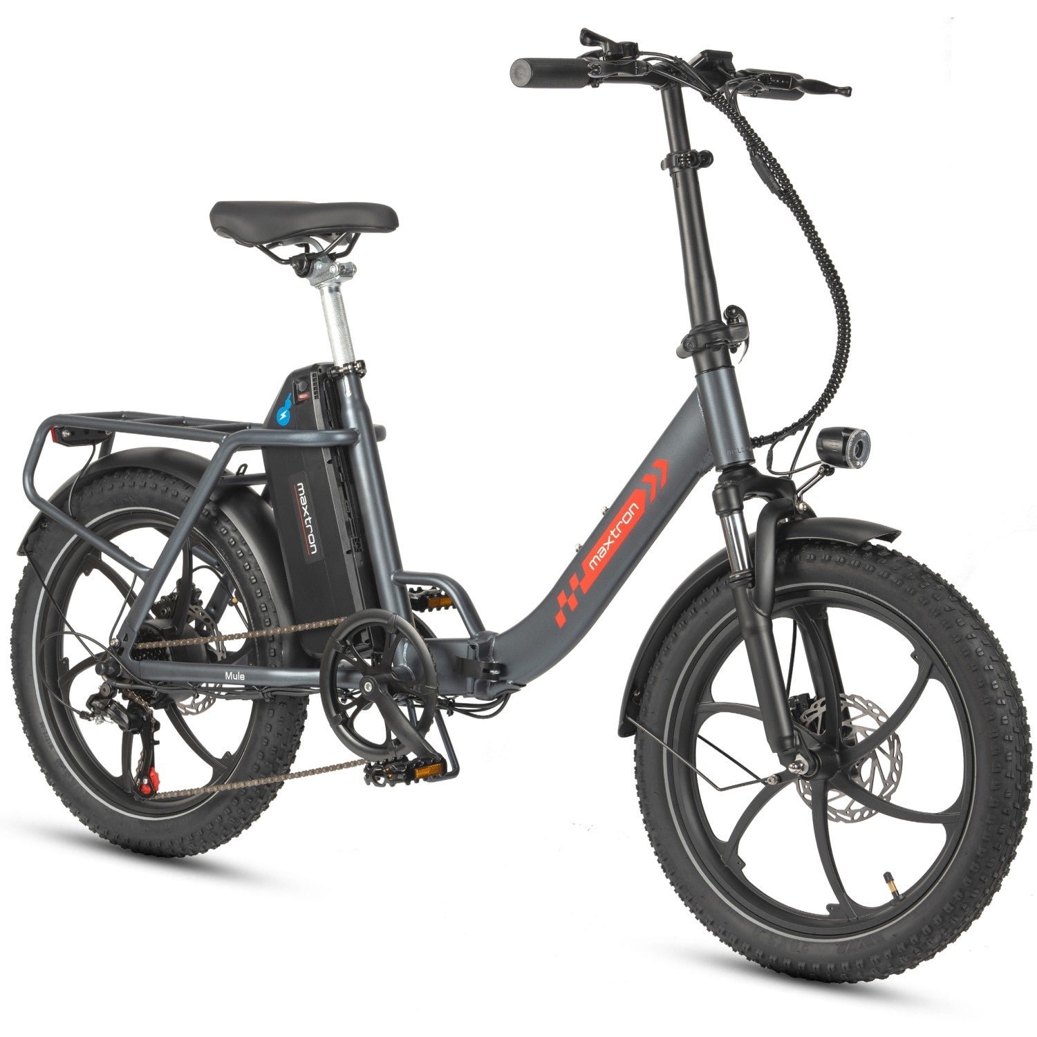 Ein graues, faltbares E-Bike mit breiten Reifen und Gepäckträger.