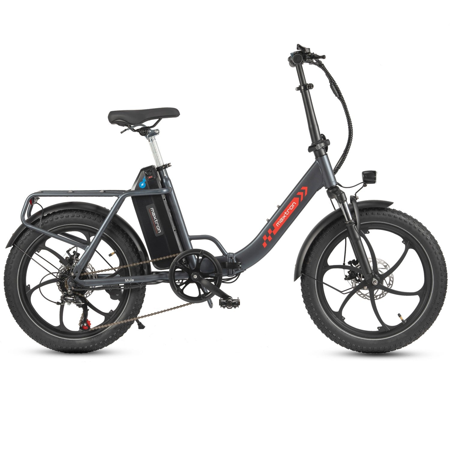 Graues faltbares E-Bike mit Gepäckträger, dicken Reifen und Scheibenbremsen.
