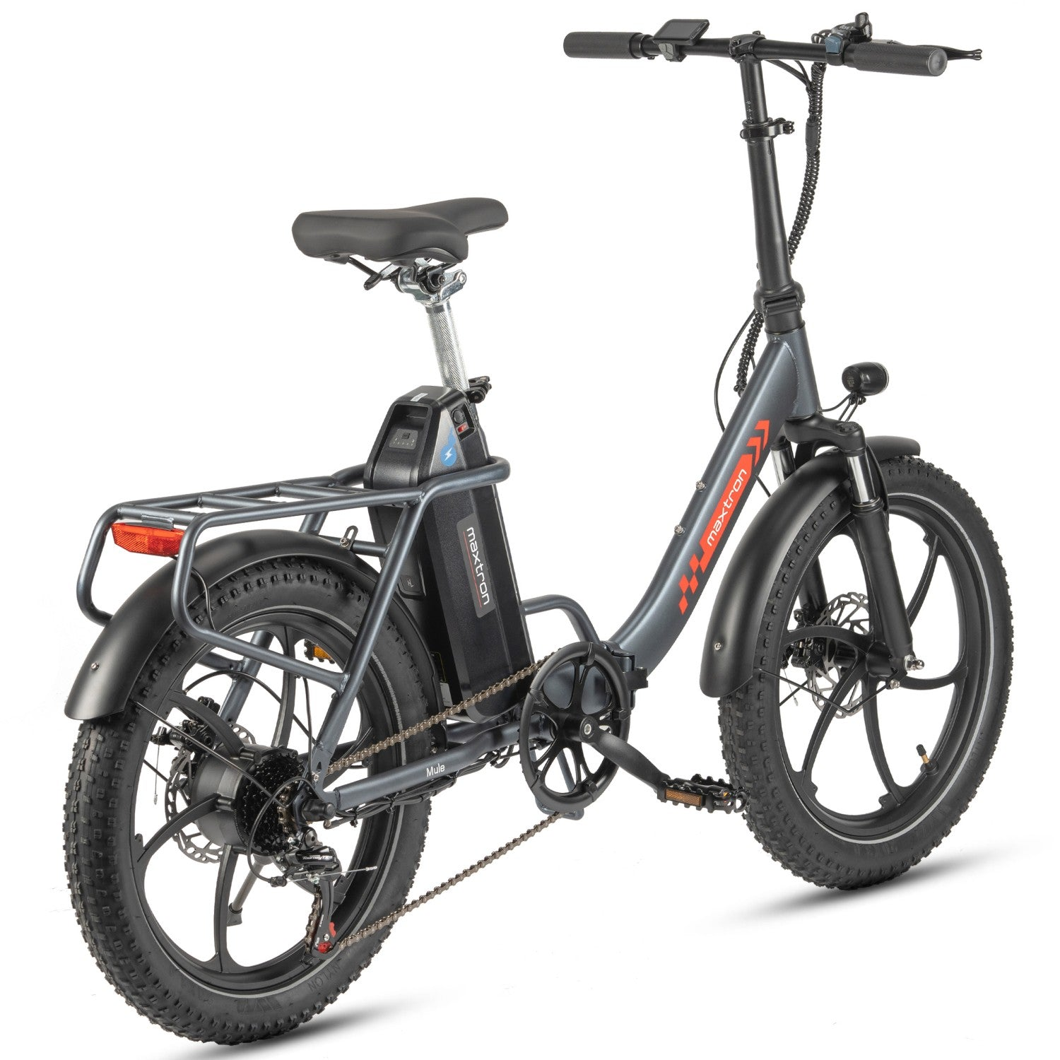 Graues faltbares E-Bike mit Gepäckträger, breiten Reifen und Scheibenbremsen.