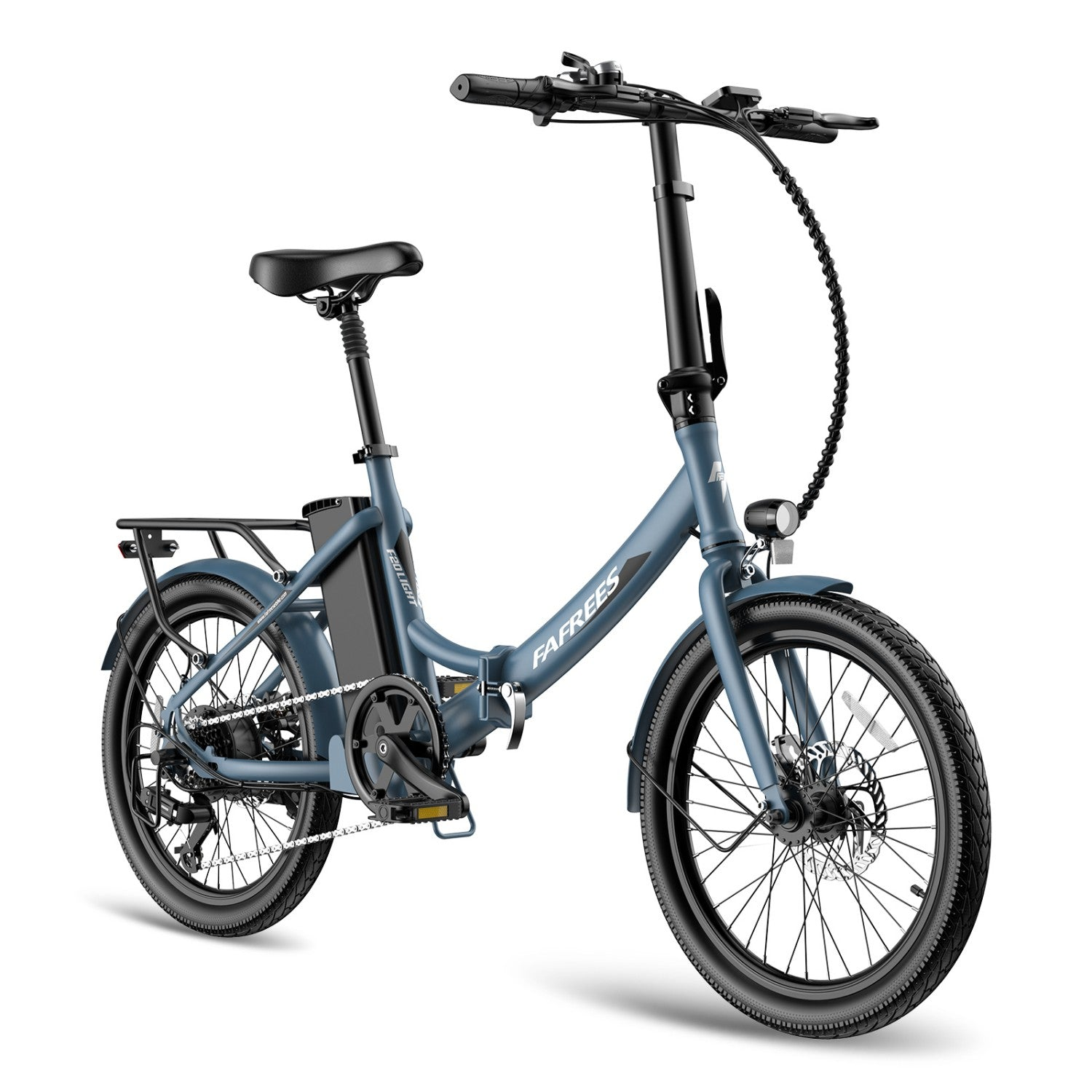 Ein blaues faltbares Elektrofahrrad mit schwarzem Sattel, Gepäckträger und Schutzblechen.
