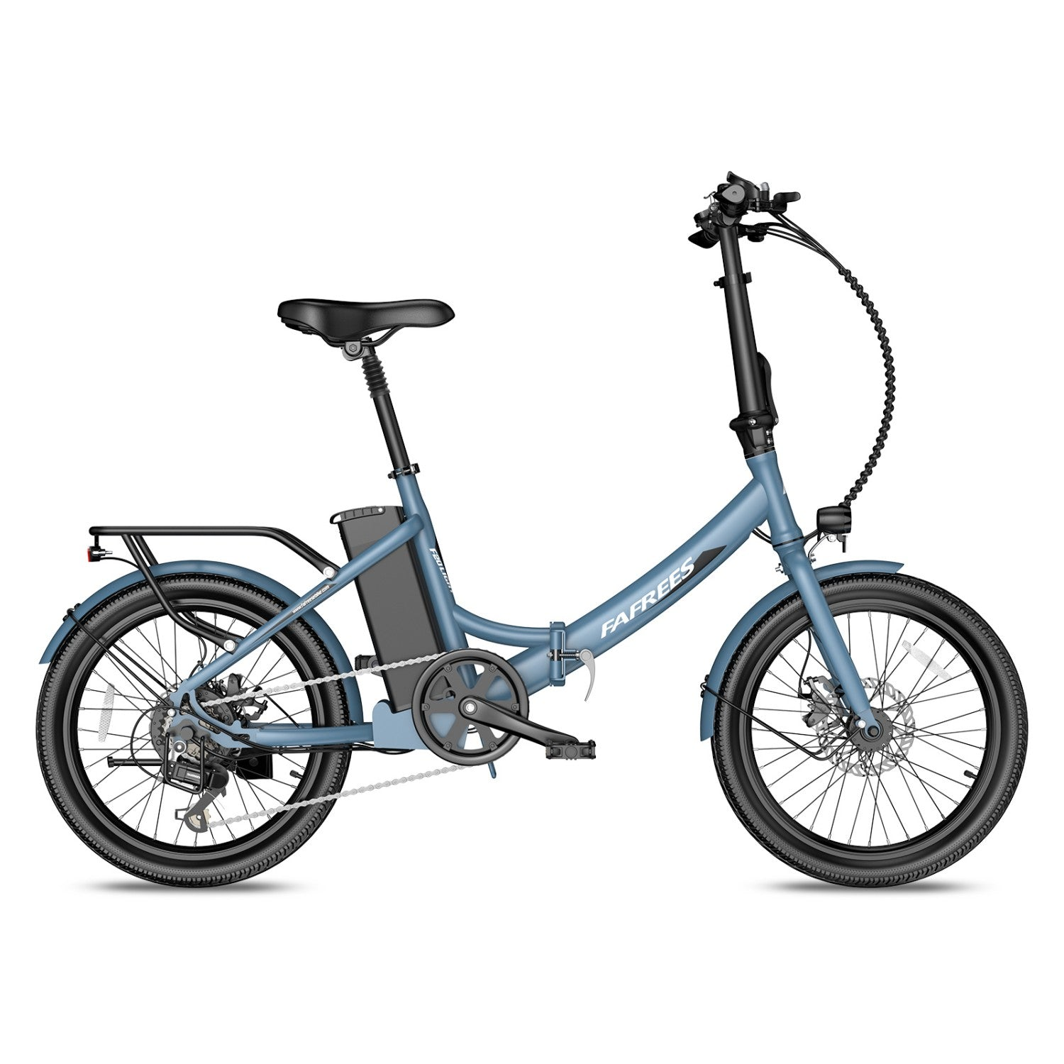 Ein blaues E-Bike mit schwarzem Sattel, Gepäckträger und Akku.