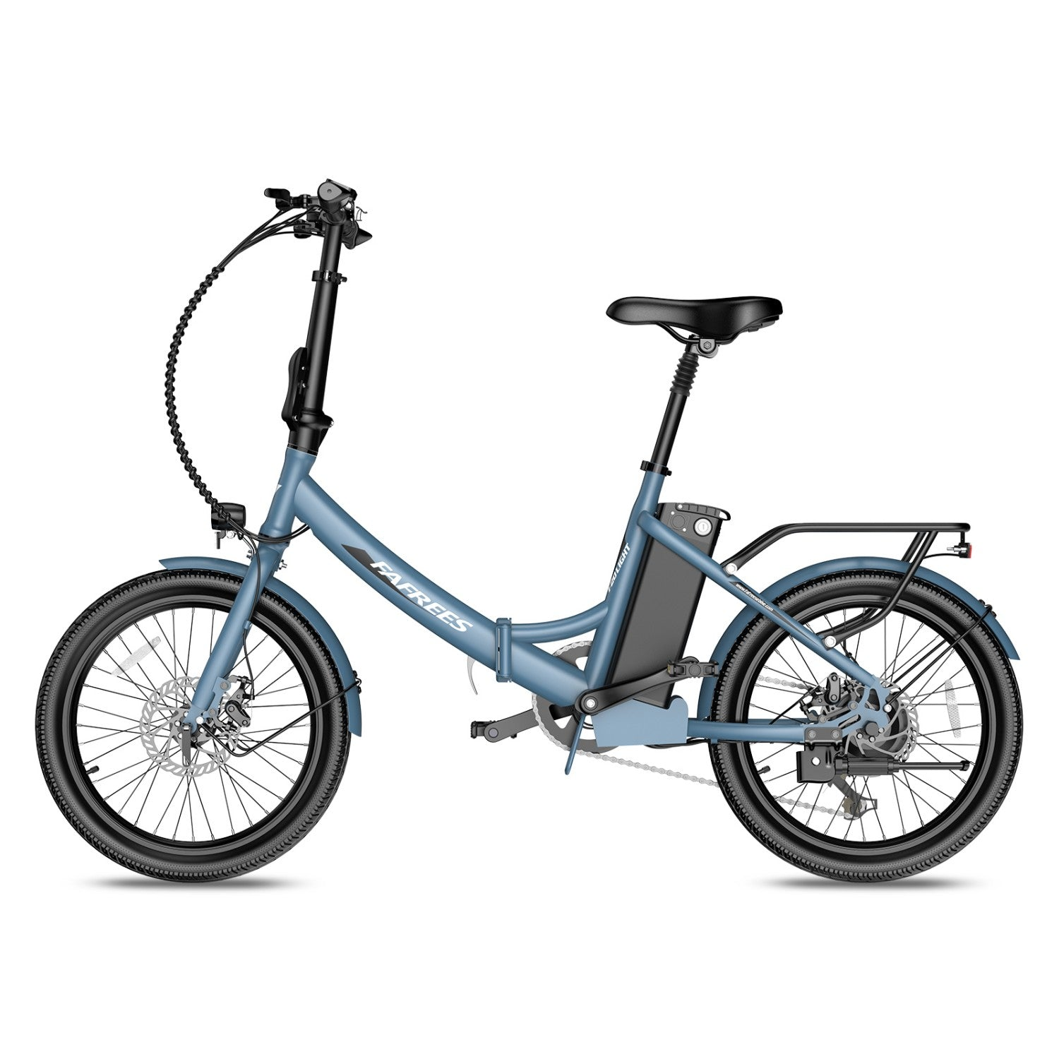 Ein blaues faltbares Elektrofahrrad mit schwarzem Sitz, Akku und Reifen.