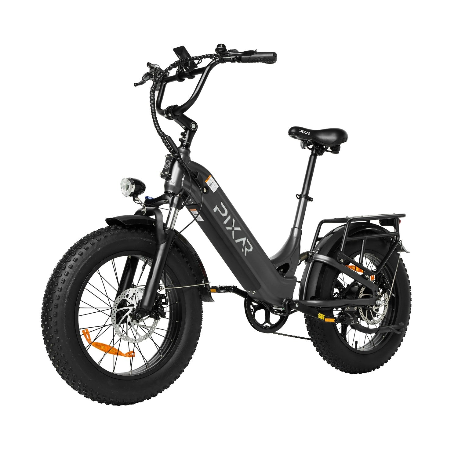 È mostrata una bicicletta elettrica grigio scuro con pneumatici larghi, sella e portapacchi neri.