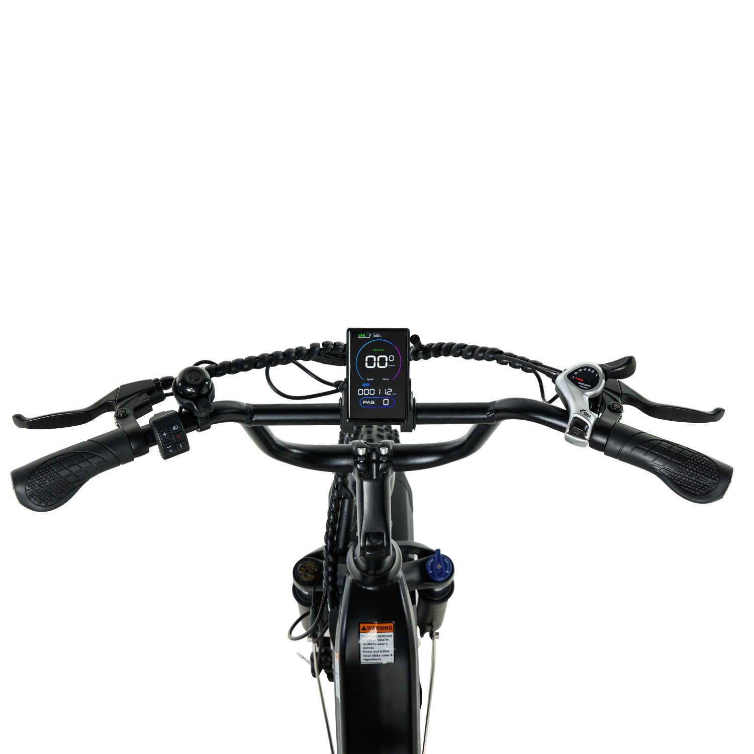 Vista frontale del manubrio e-bike con display, freni e cambio.