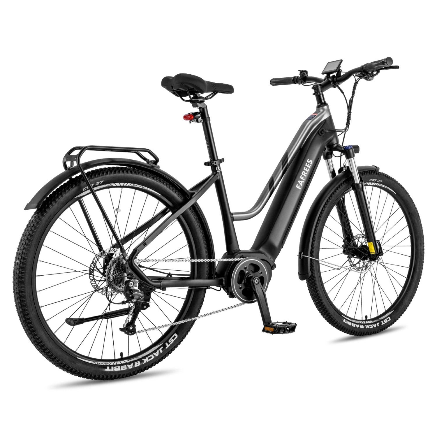 Bicicleta eléctrica negra con portabultos, horquilla de suspensión y pantalla.