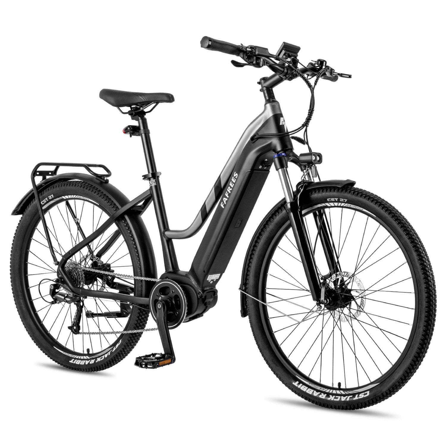 Una bicicleta eléctrica negra con portaequipajes delantero y trasero, llantas blancas y cuadro negro.
