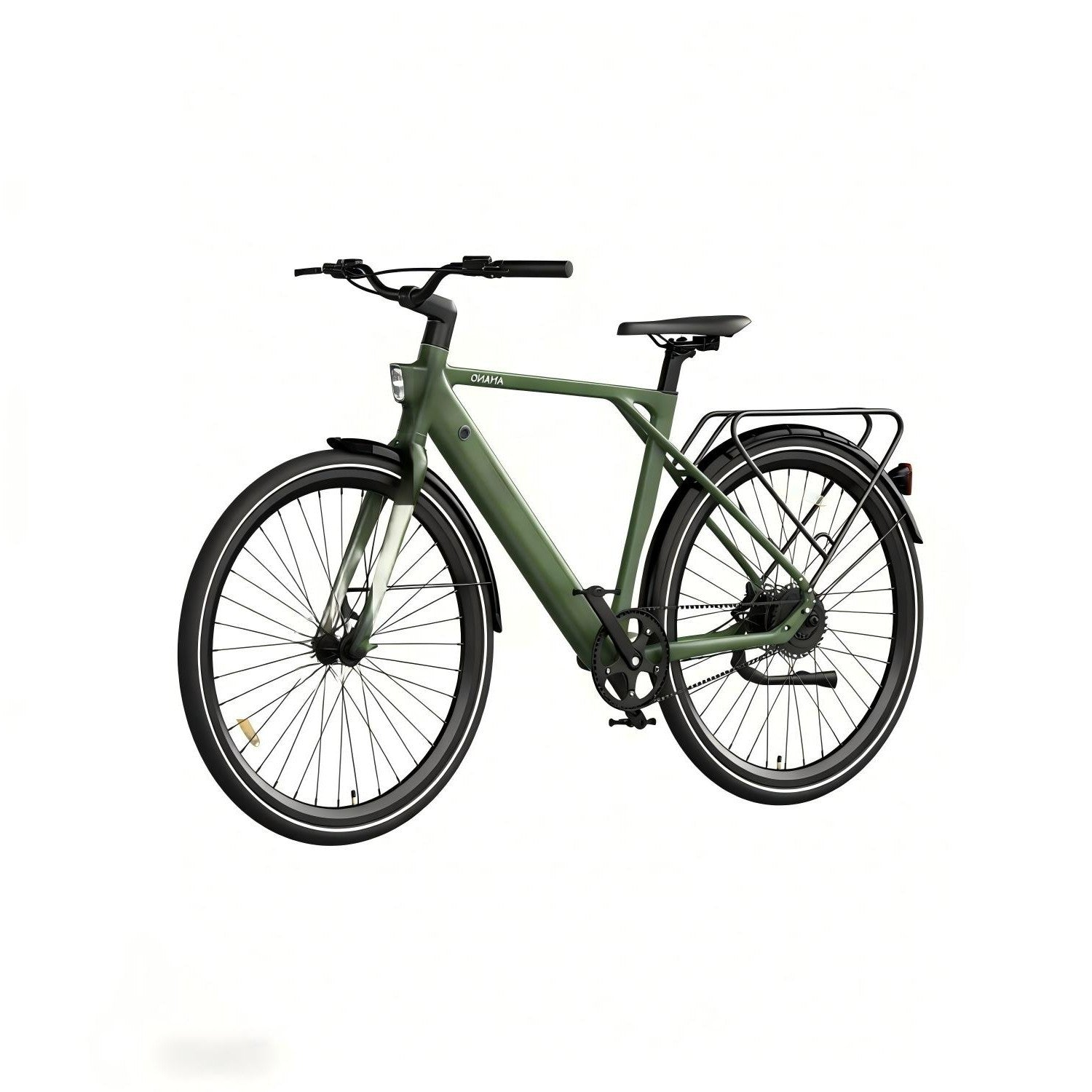 Una bicicleta verde con portaequipajes, raya blanca en las ruedas y sillín negro.