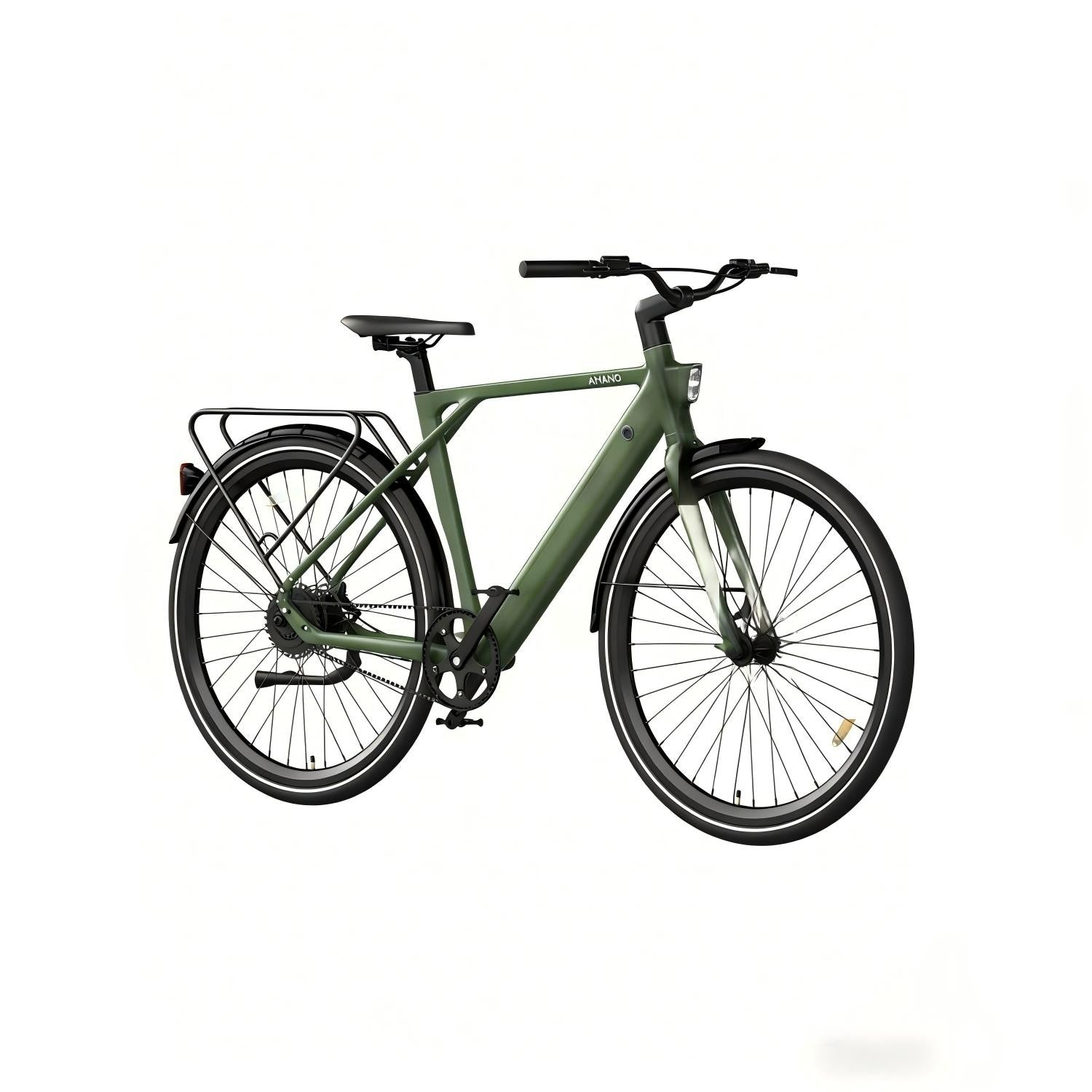 Una bicicleta verde oscuro con portaequipajes y sillín negro.