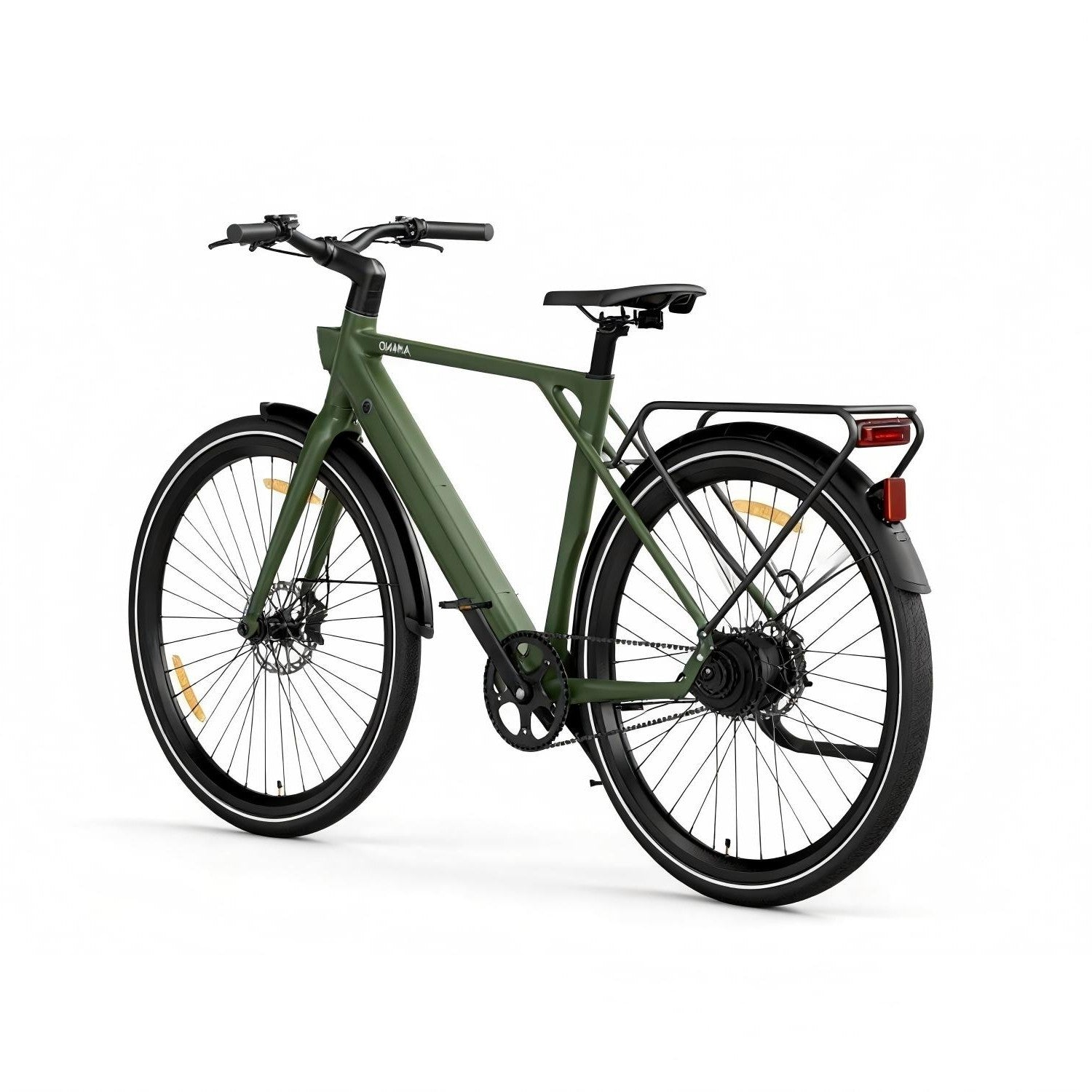 Una bicicleta verde oscuro con portaequipajes y luz trasera se muestra sobre fondo blanco.