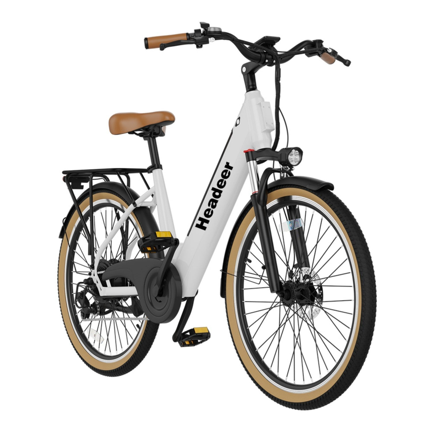Bicicleta eléctrica blanca con sillín y puños marrones, portaequipajes.