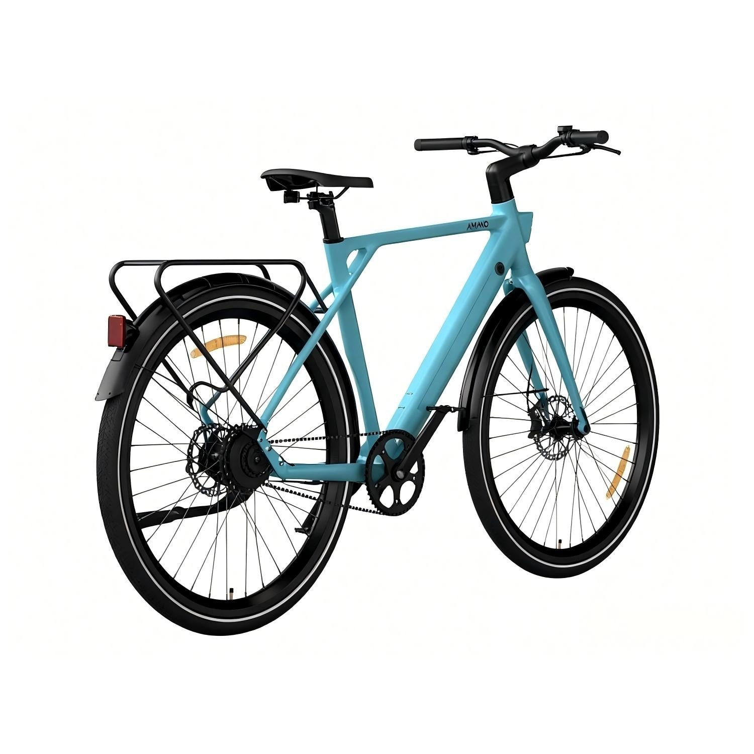 Una bicicleta azul claro con portaequipajes, sillín y ruedas negras.