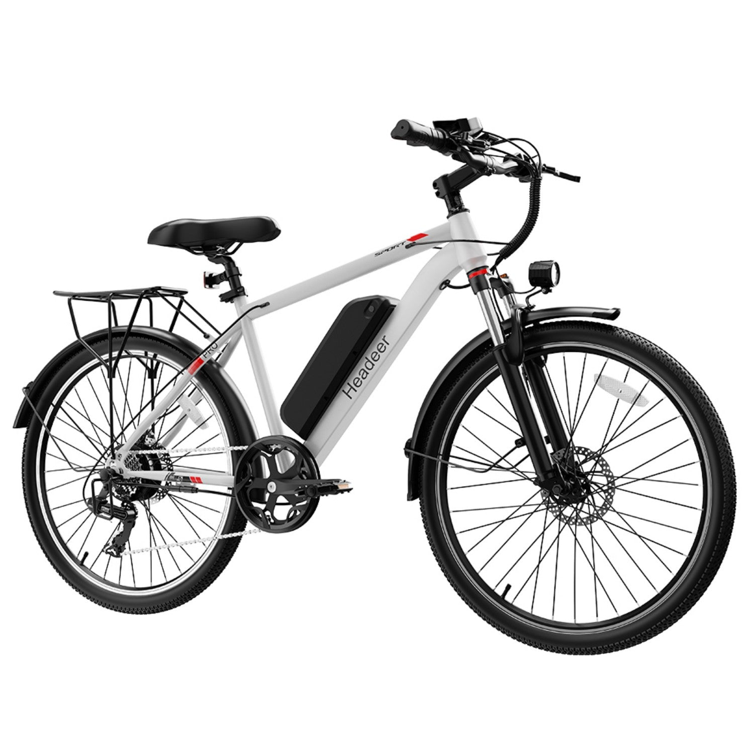 Una bicicleta eléctrica blanca con batería y guardabarros negros, sobre fondo blanco.