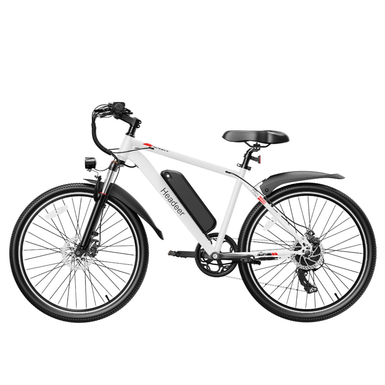 Una bicicleta eléctrica blanca con detalles negros, guardabarros y neumáticos.