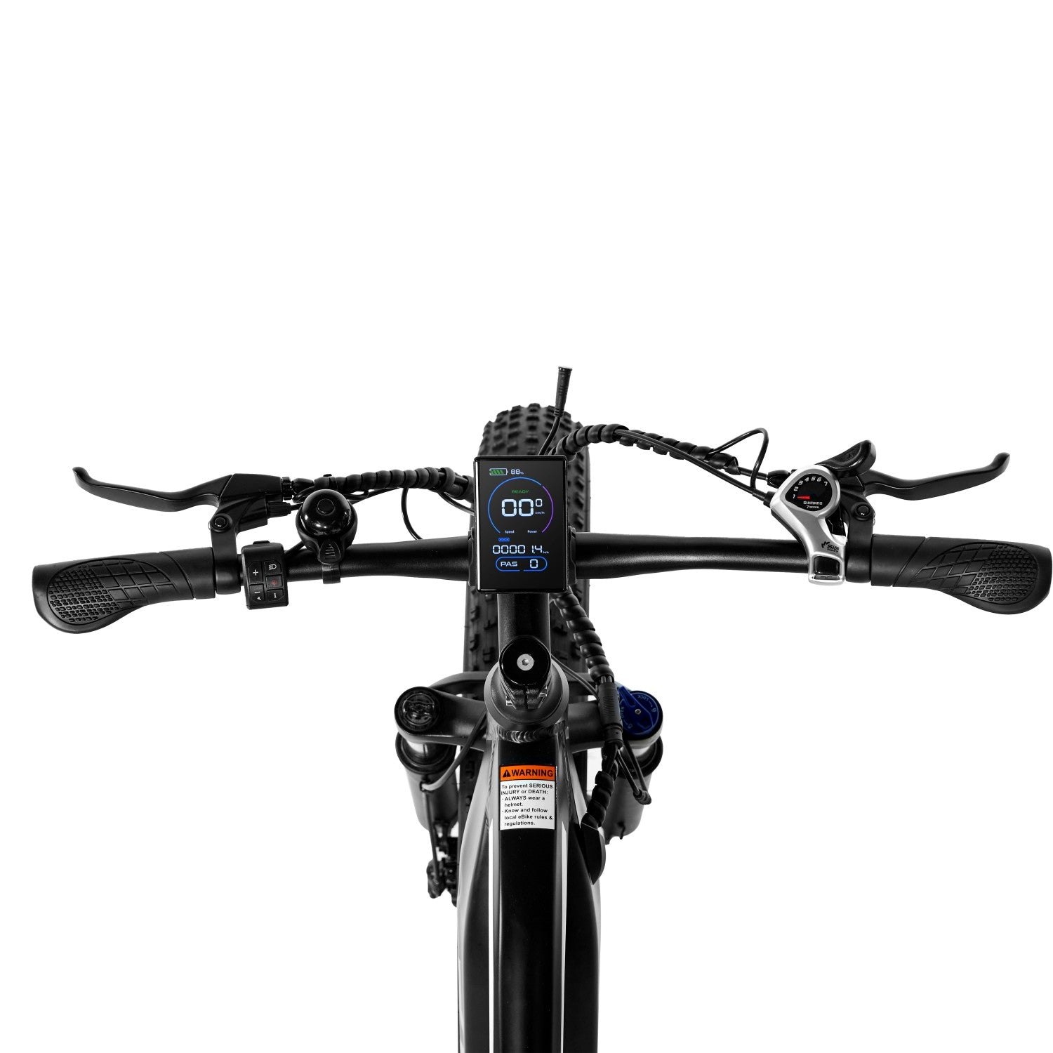 Manillar de una bicicleta eléctrica negra con pantalla, frenos y cambio.