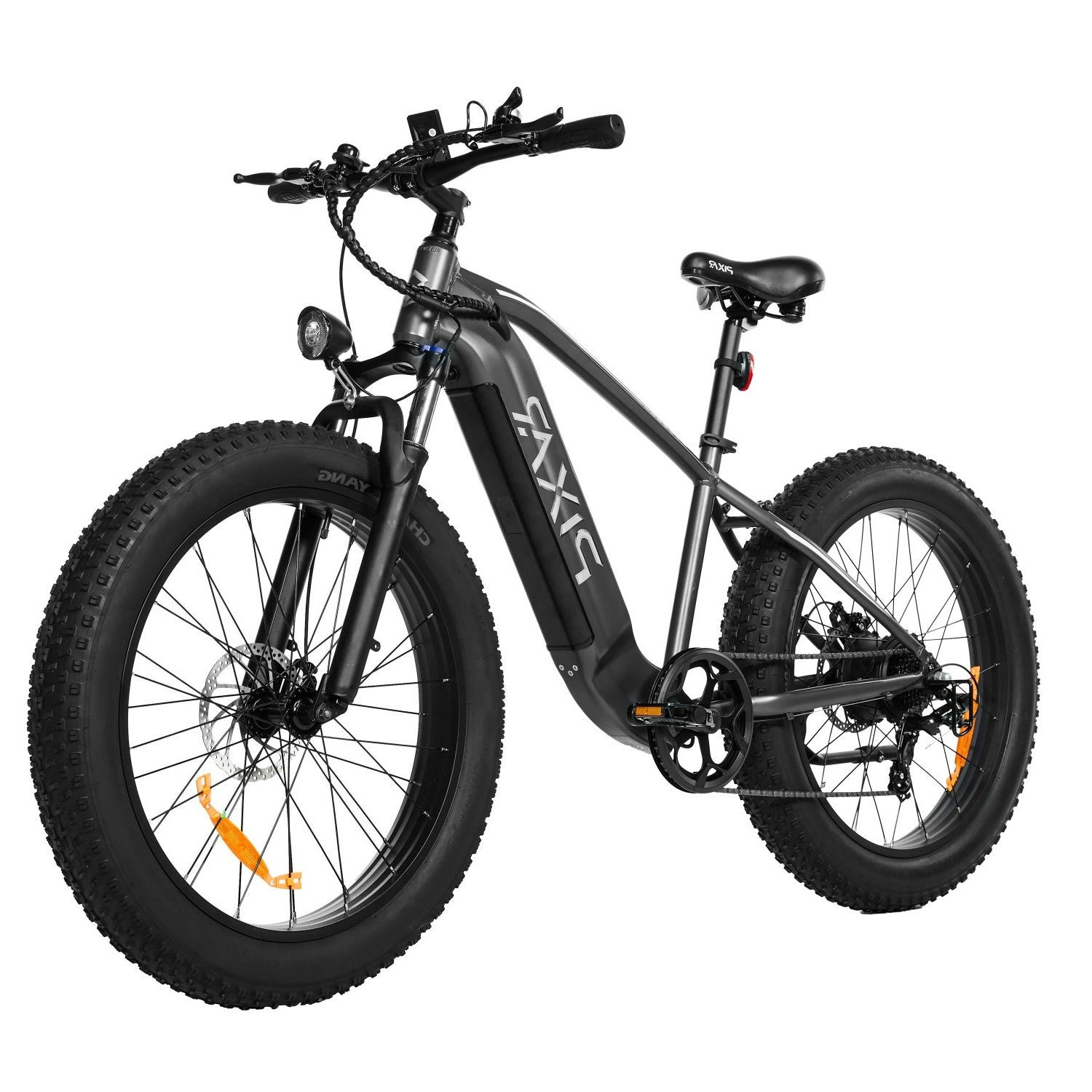 Una bicicleta eléctrica gris con neumáticos anchos, frenos de disco y luz delantera.