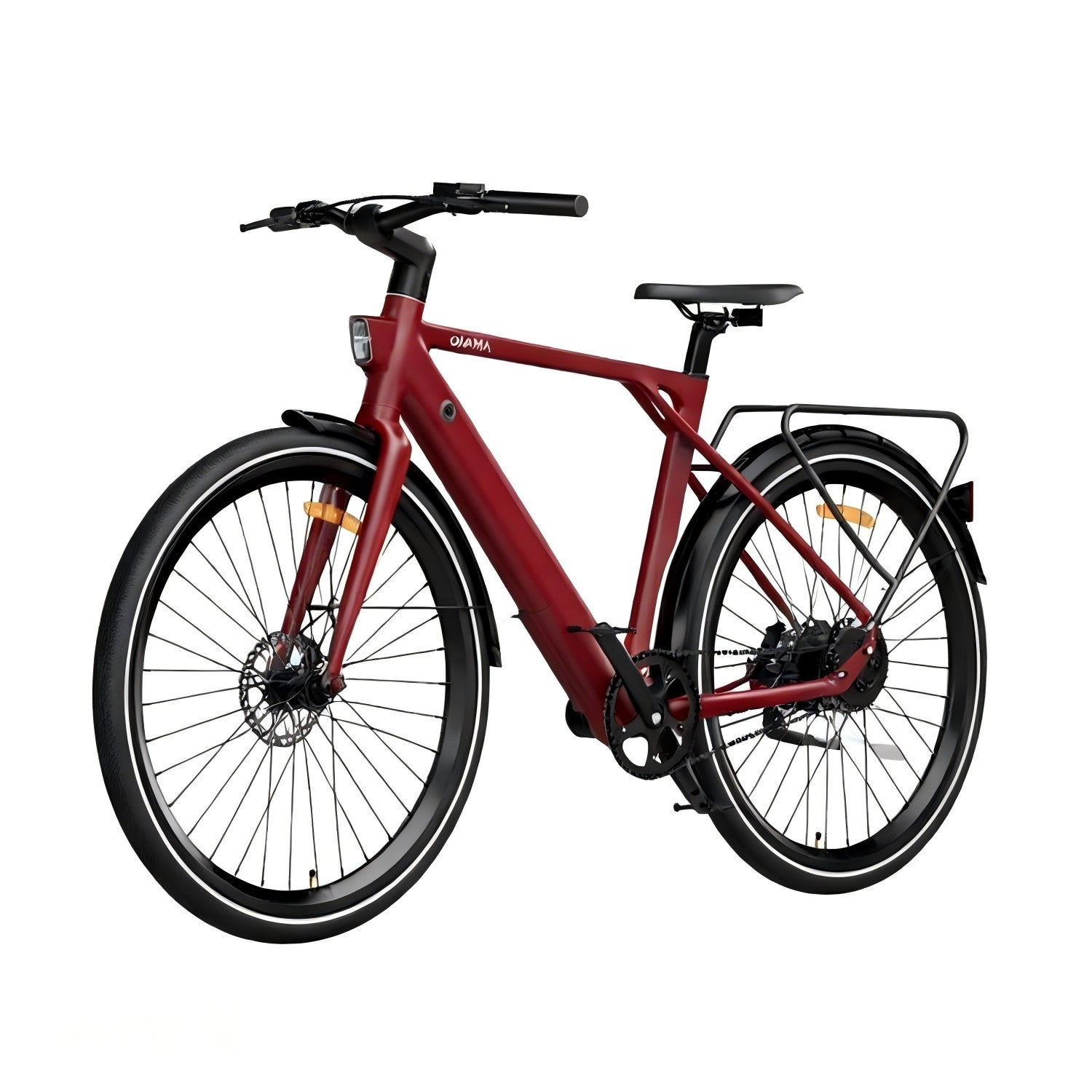 Una bicicleta roja de cuadro bajo con portaequipajes trasero y sillín negro, aislada.