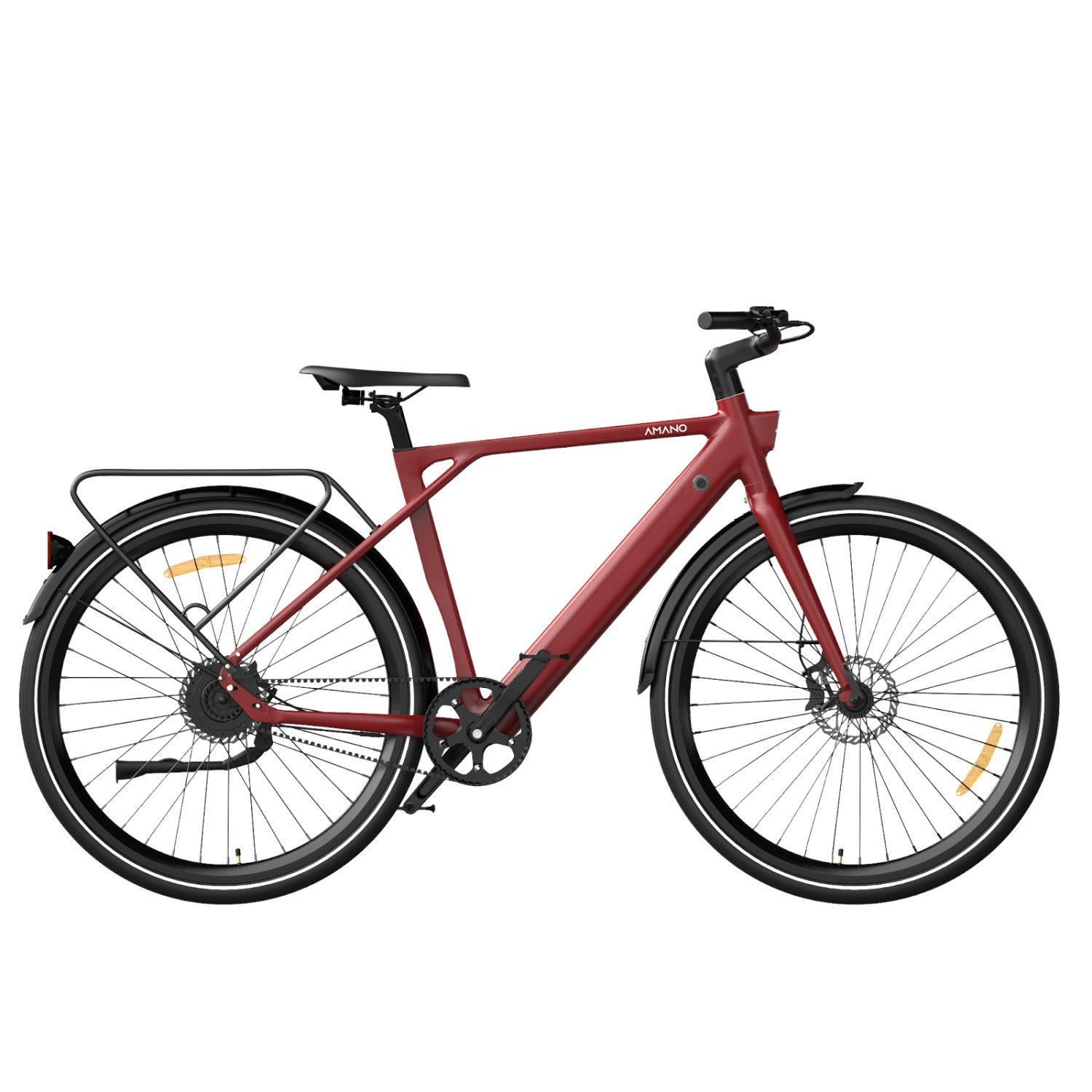Una bicicleta roja con portabultos trasero y frenos de disco sobre fondo blanco.