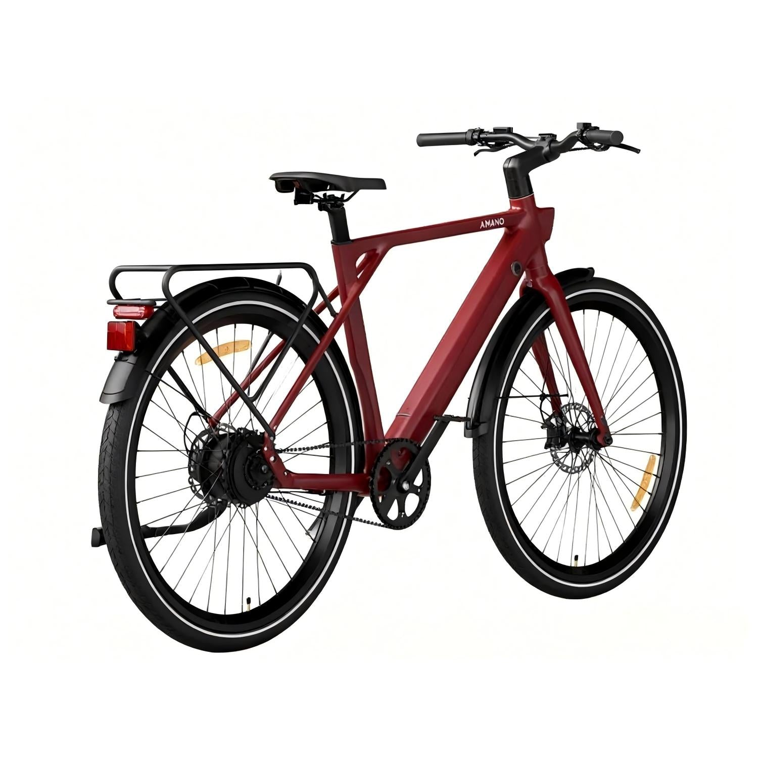Bicicleta eléctrica rojo oscuro con portaequipajes, guardabarros y reflectores.