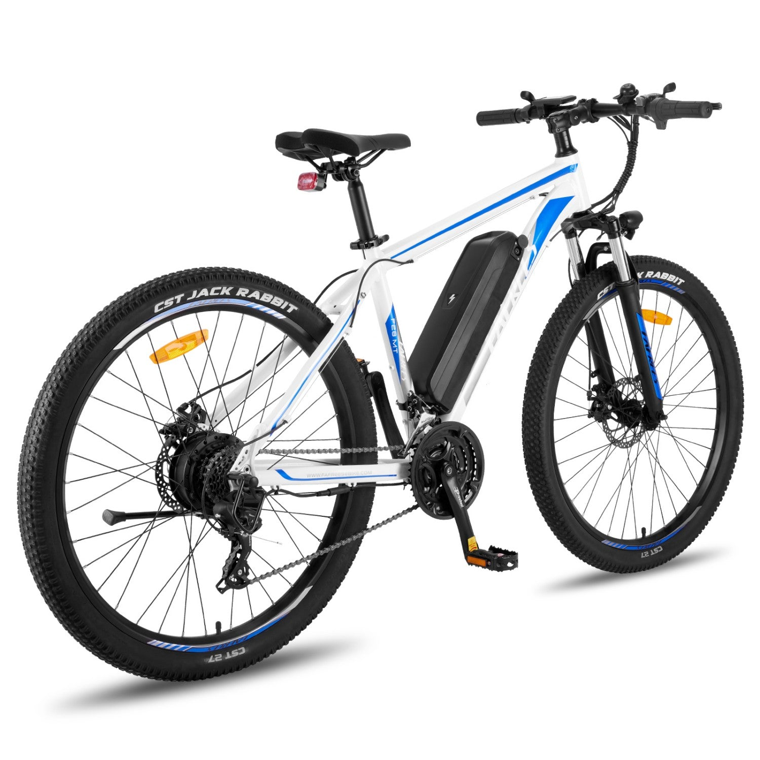 Ein weißes E-Bike mit blauen Akzenten und schwarzem Akku.
