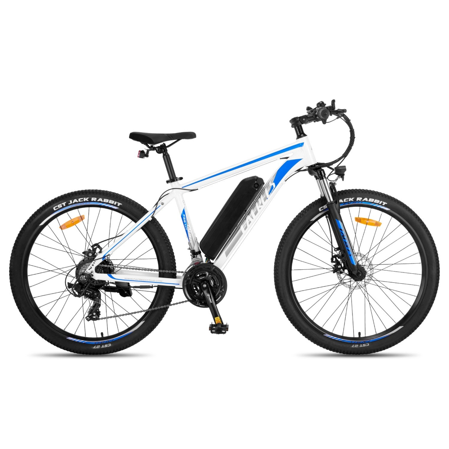 Ein weißes E-Bike mit blauen Akzenten und schwarzer Bereifung.