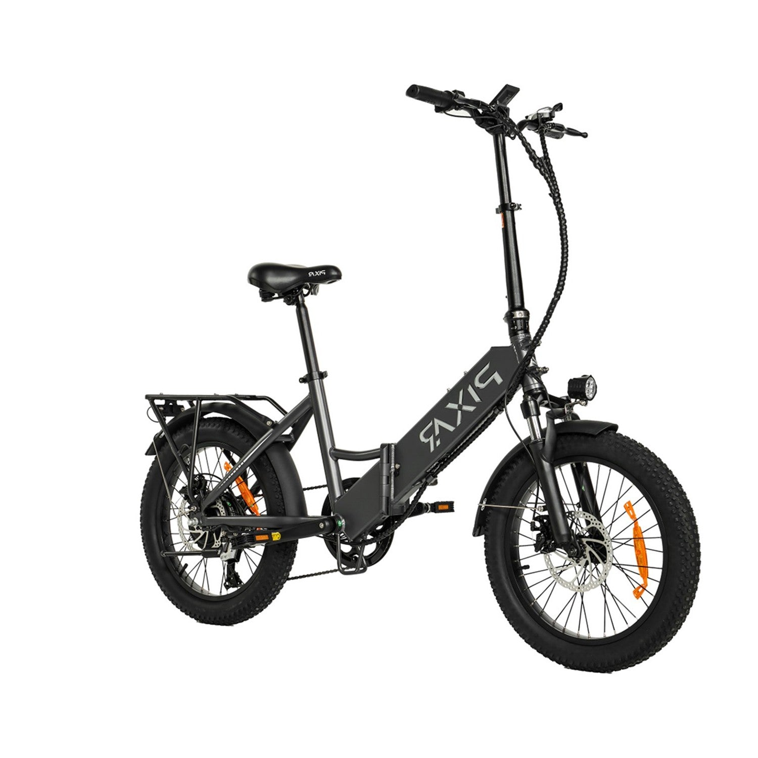 Bicicletta elettrica pieghevole nera con pneumatici larghi, freni a disco e portapacchi.