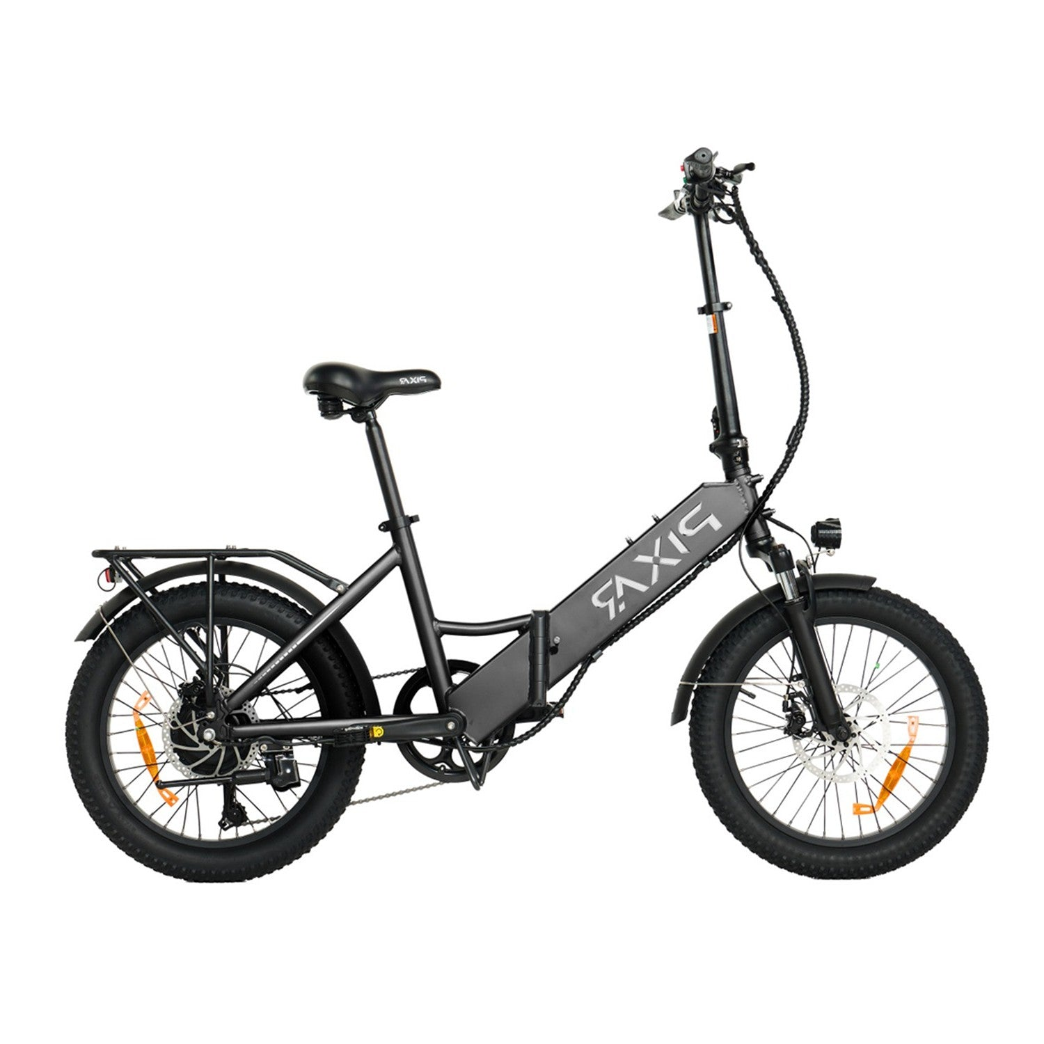 Una bici elettrica pieghevole nera con copertoni larghi, freni a disco e portapacchi posteriore.