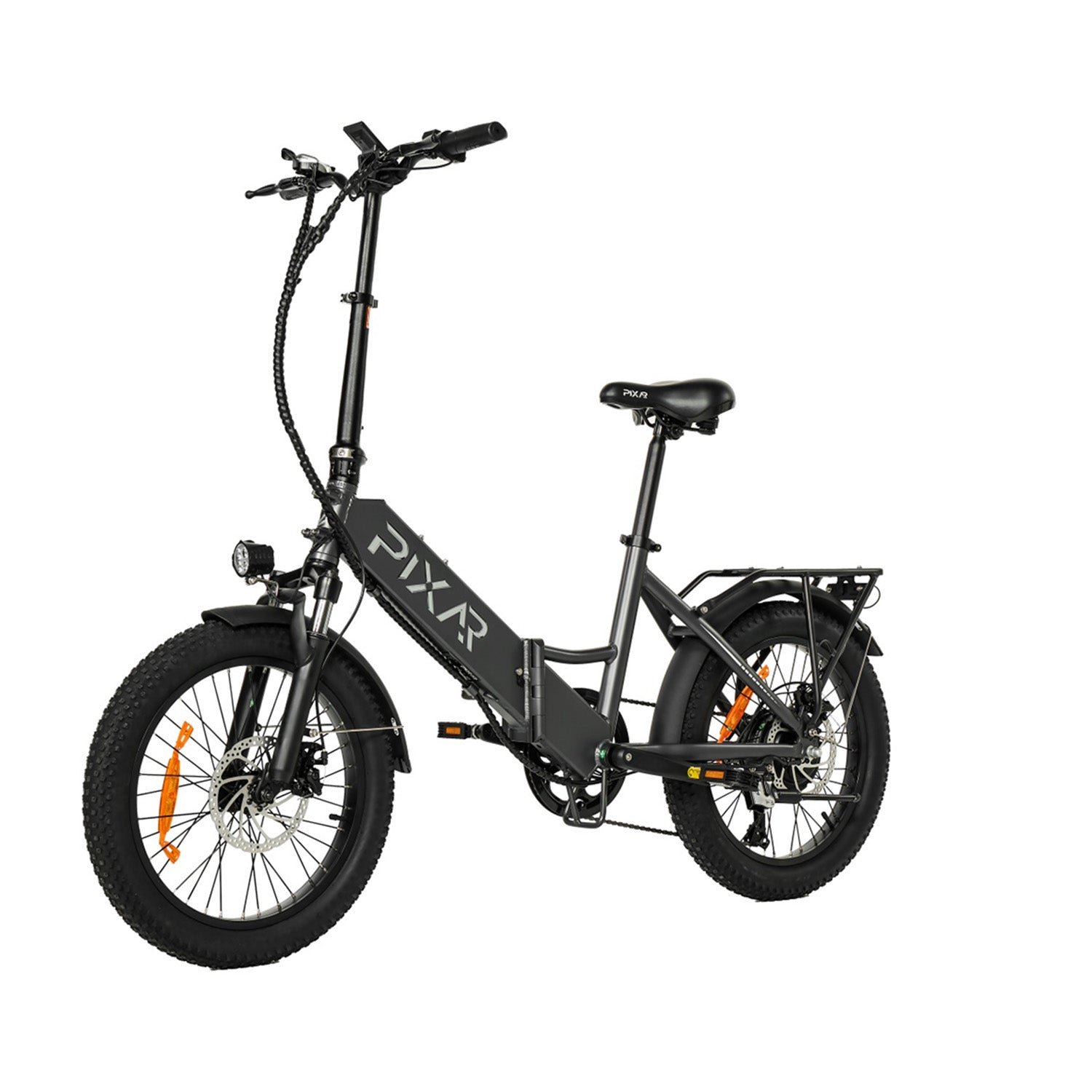 Una bicicletta elettrica nera con copertoni larghi, portapacchi posteriore e logo 'PIXR'.