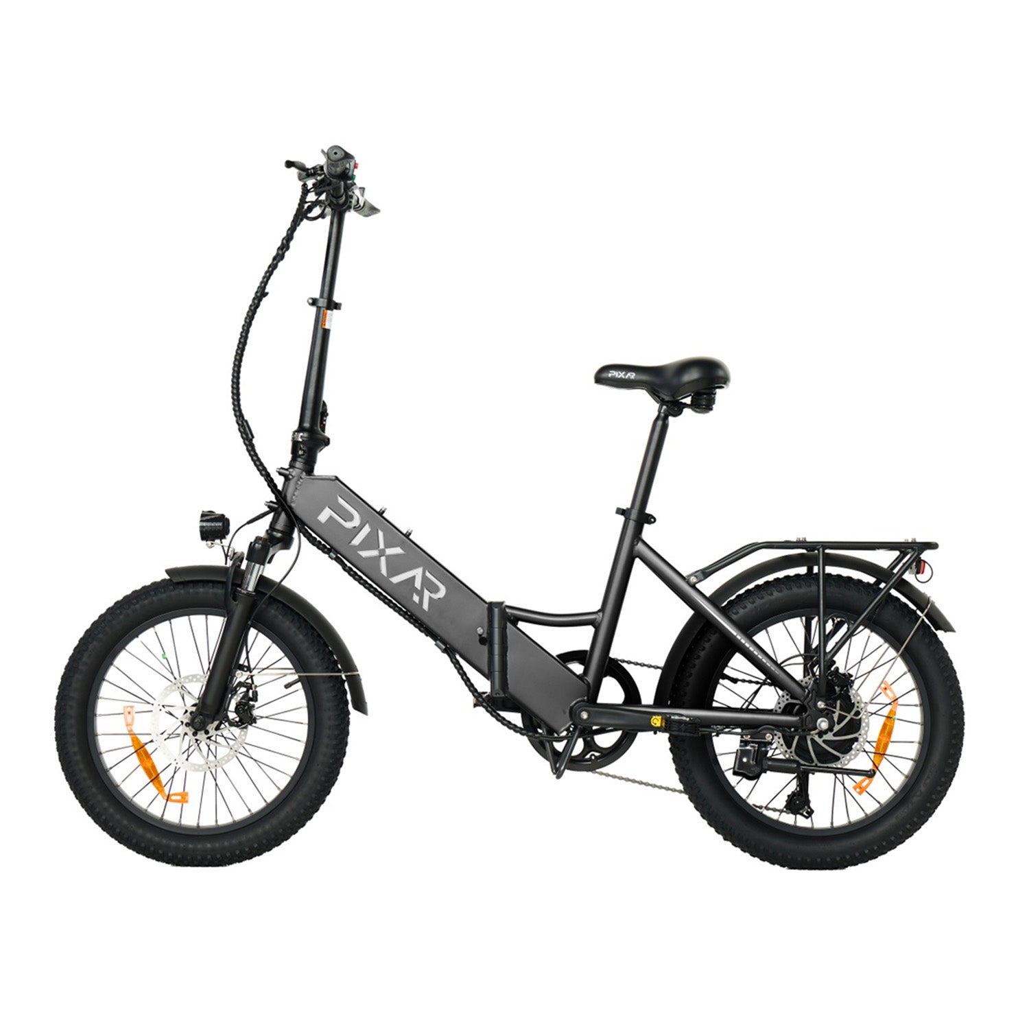 Bicicletta elettrica pieghevole nera con pneumatici larghi e portapacchi.