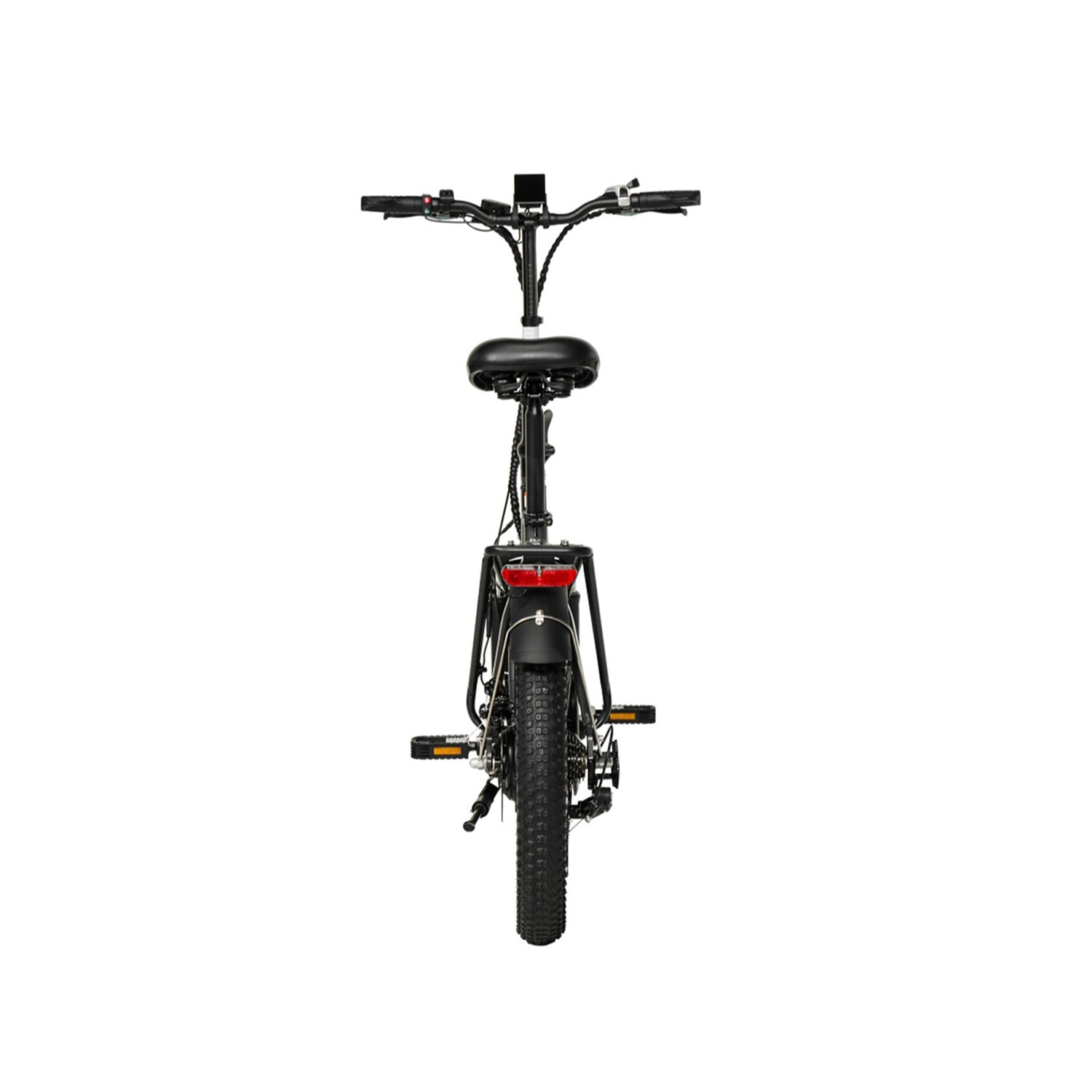 Vista posteriore di una bicicletta elettrica nera con pneumatici larghi e display digitale.
