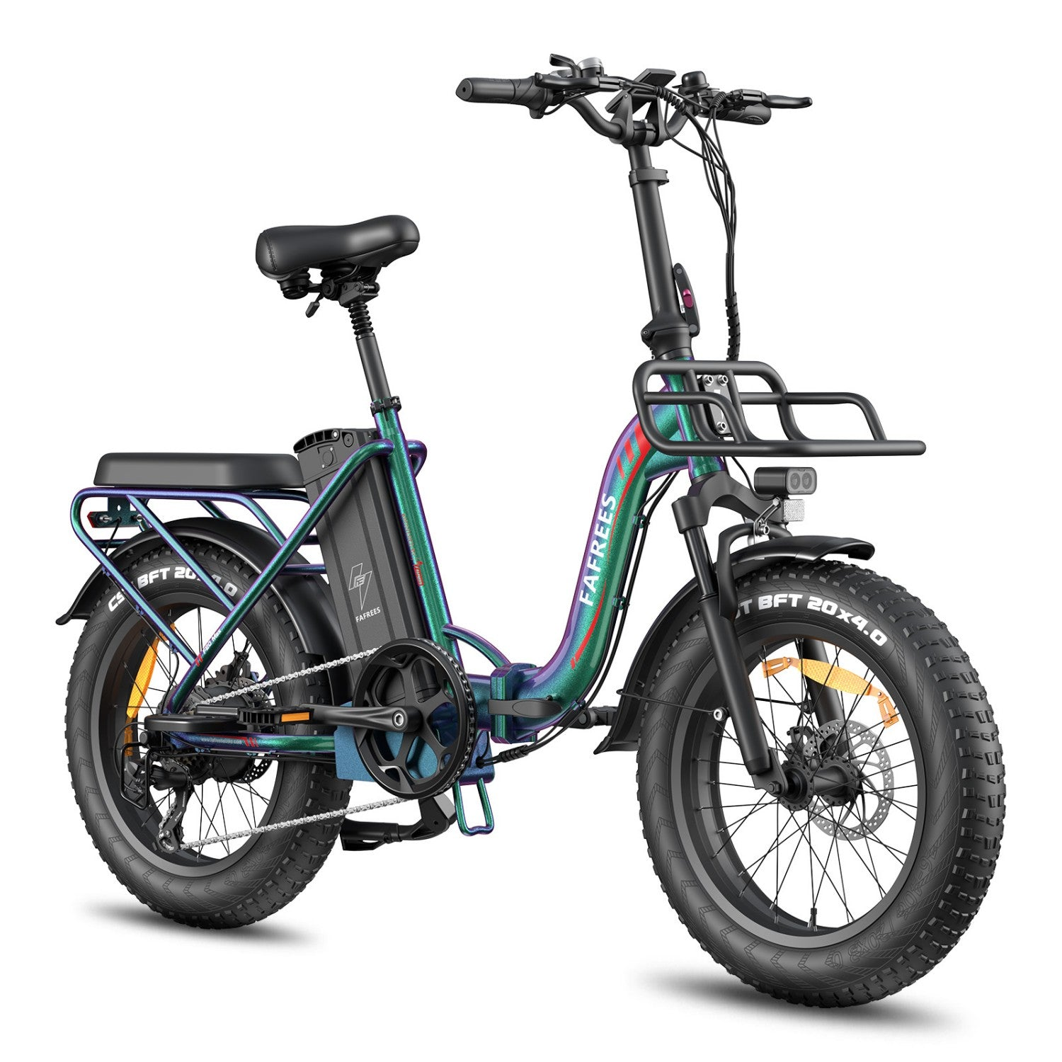Una bici elettrica pieghevole con telaio iridescente verde-viola, pneumatici larghi e cestino anteriore.