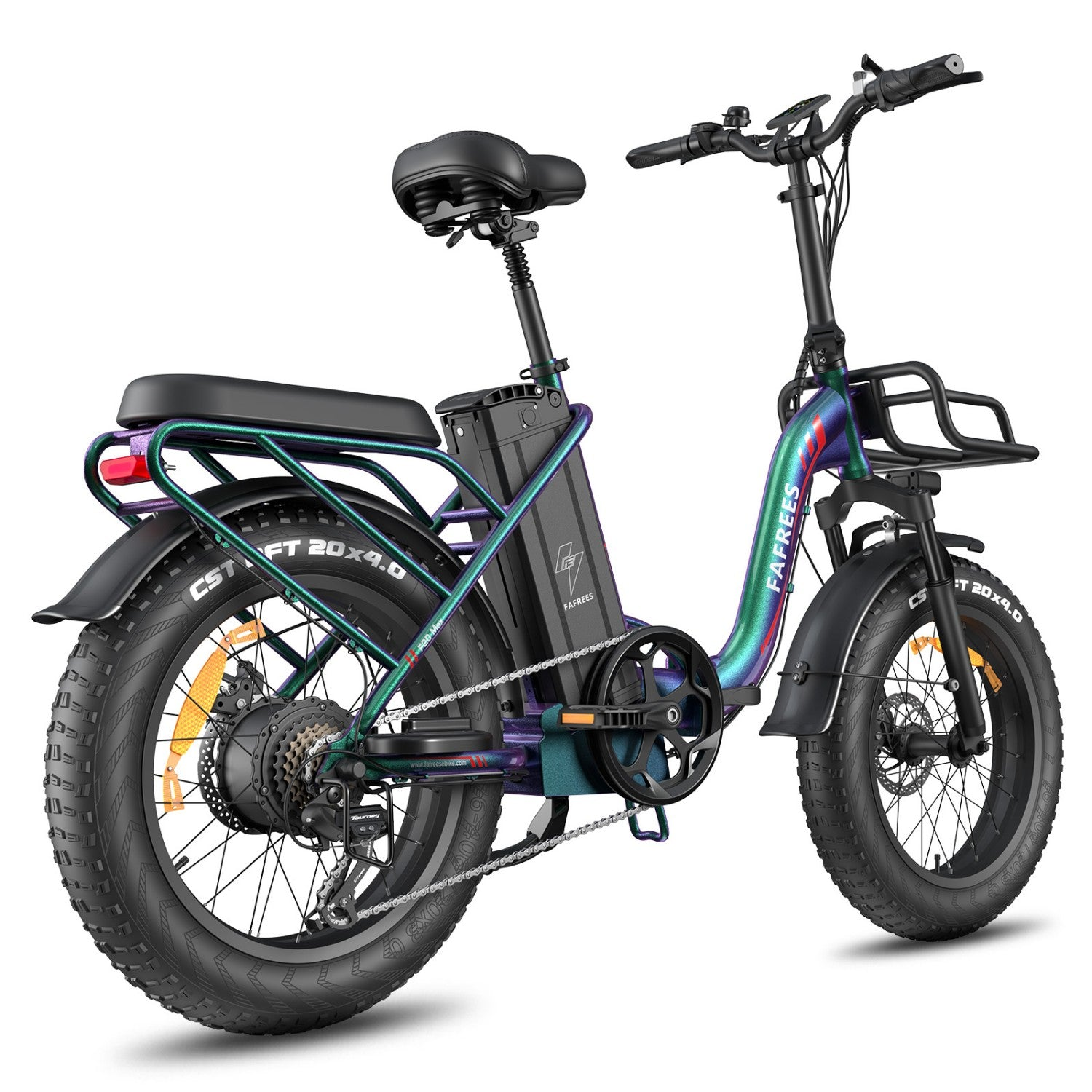 Bici elettrica pieghevole con pneumatici larghi, colore blu-verde iridescente, portapacchi.