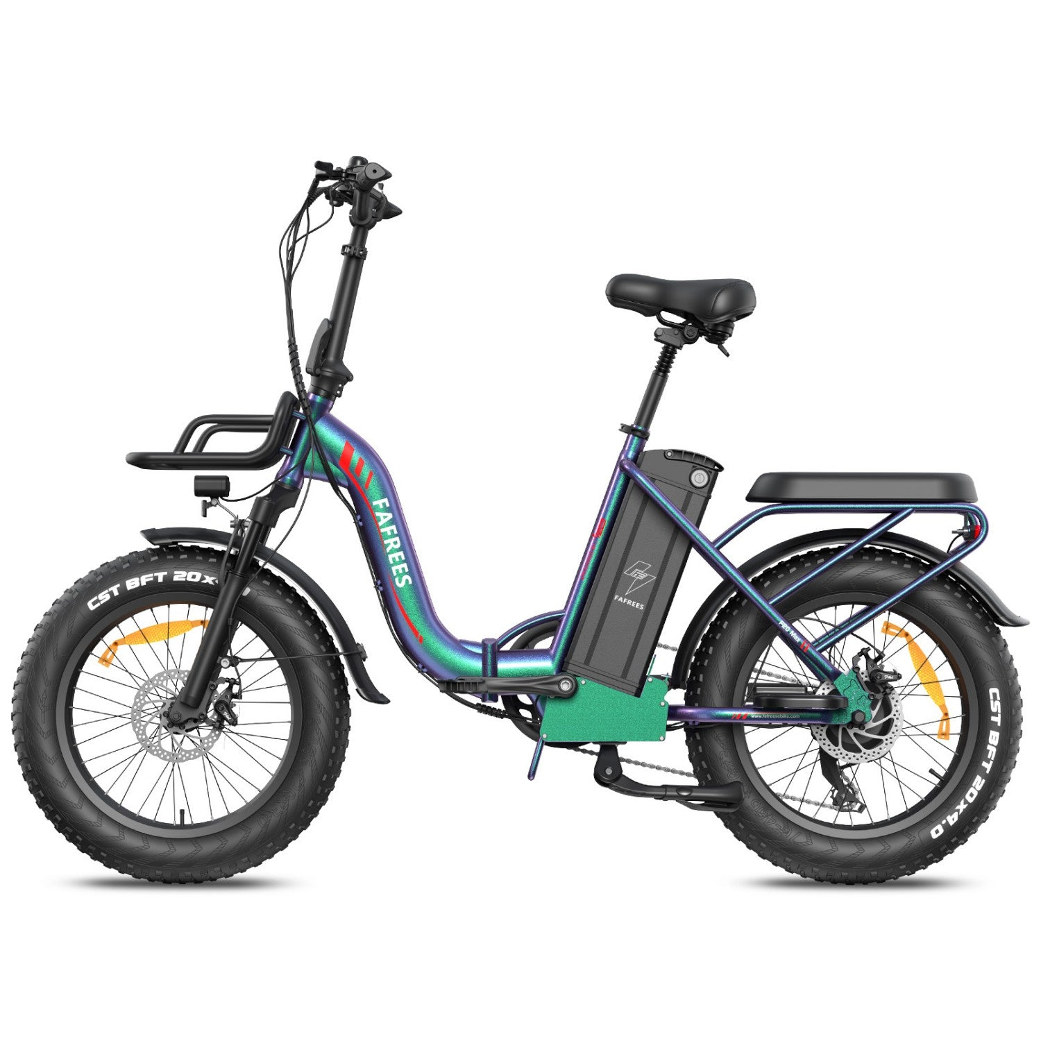 Una bici elettrica pieghevole multicolore con pneumatici grassi e portapacchi.
