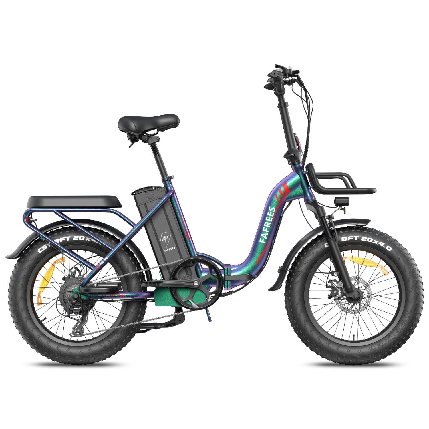 Una bici elettrica fat tire colorata con portapacchi anteriore e posteriore, e batteria.