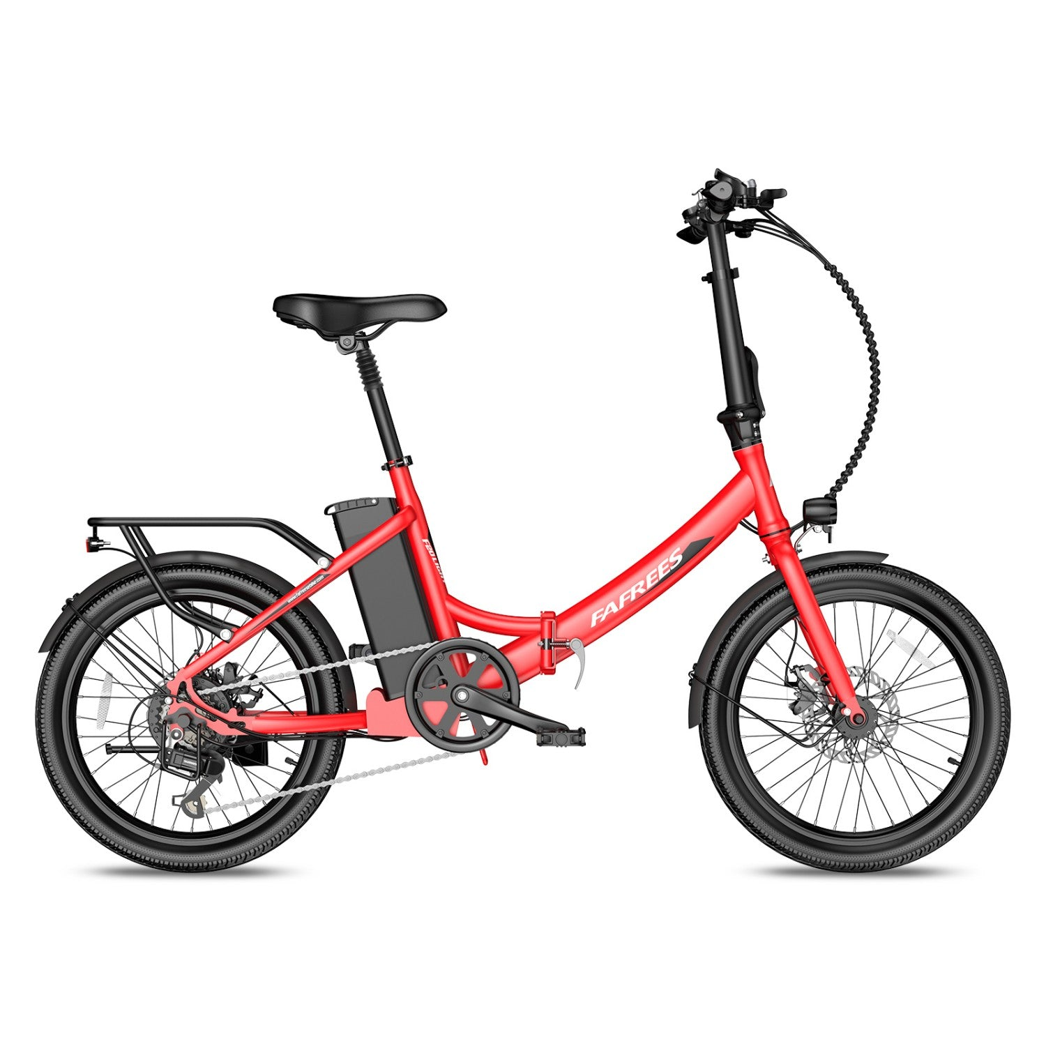 Rotes faltbares E-Bike mit schwarzem Sattel, Gepäckträger und Akku.