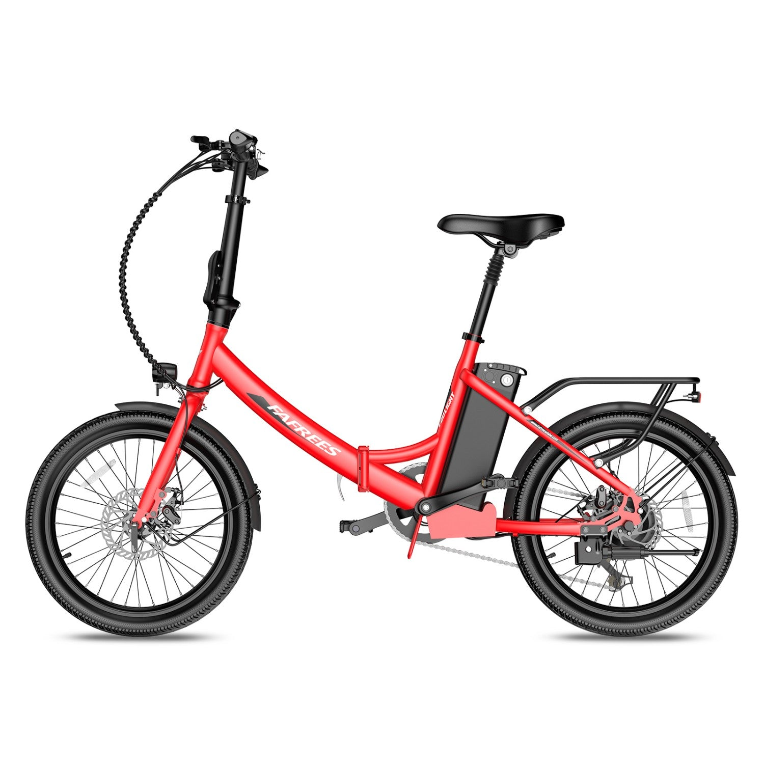 Ein rotes faltbares E-Bike mit schwarzen Reifen, Sattel und Lenker.