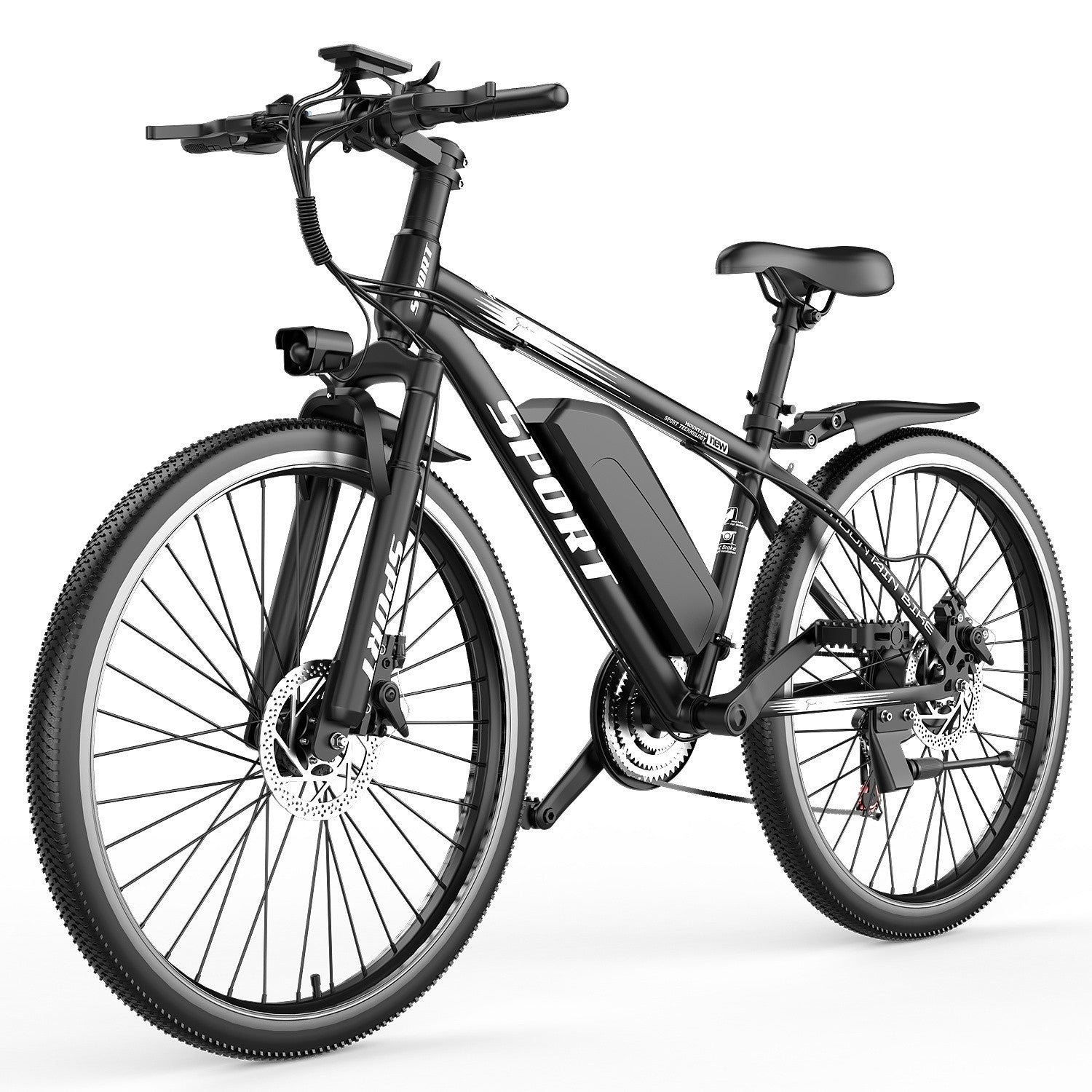 Ein schwarzes E-Mountainbike mit Federgabel, Scheibenbremsen und Akku.