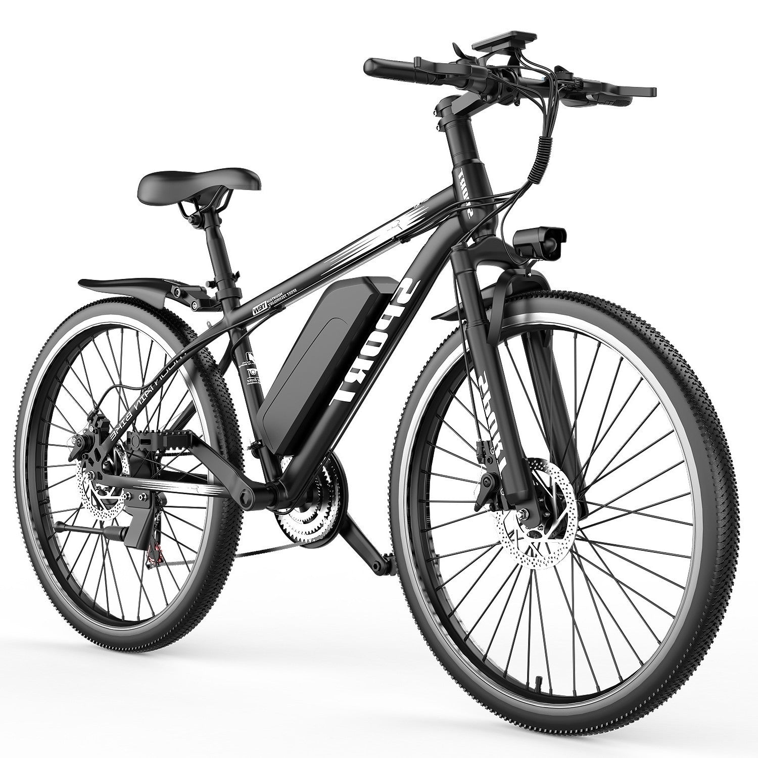 Ein schwarzes Elektrofahrrad mit breiten Reifen, Federgabel und Akku. Studioaufnahme.