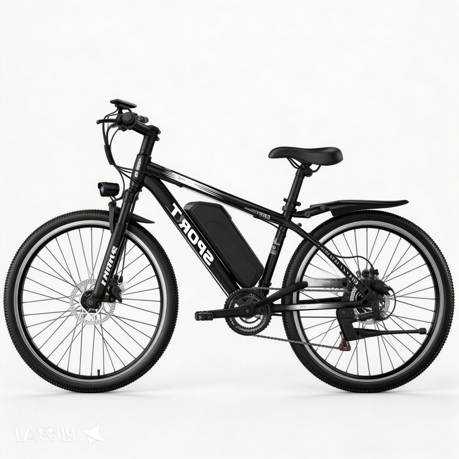 Schwarzes E-Bike mit Akku, Schutzblechen, Licht und Scheibenbremsen.